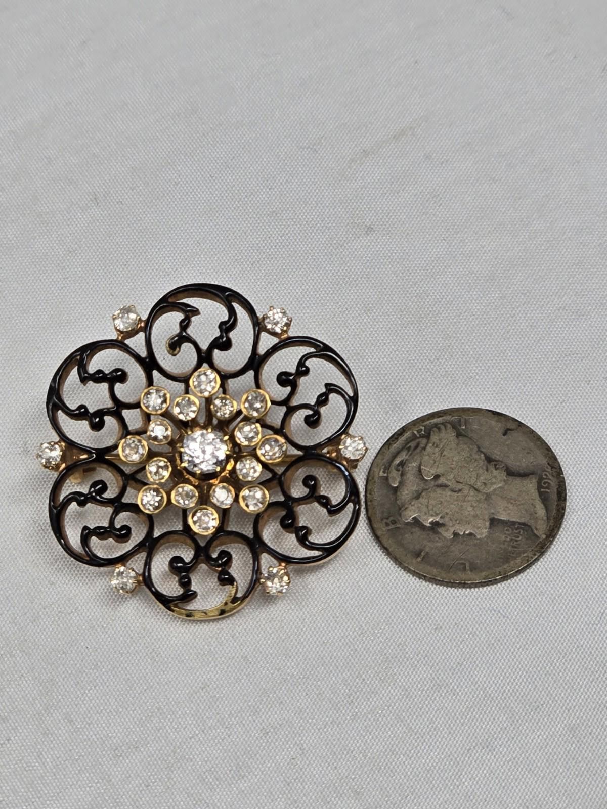 Other Antique 14K Gold Diamond Black Enamel Filigree Brooch 1ct Size ONE SIZE - 7 Thumbnail