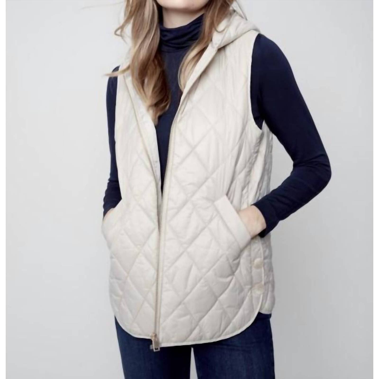 Designer CHARLIE B C6269388b Hooded Short Quilted Vest In Almond