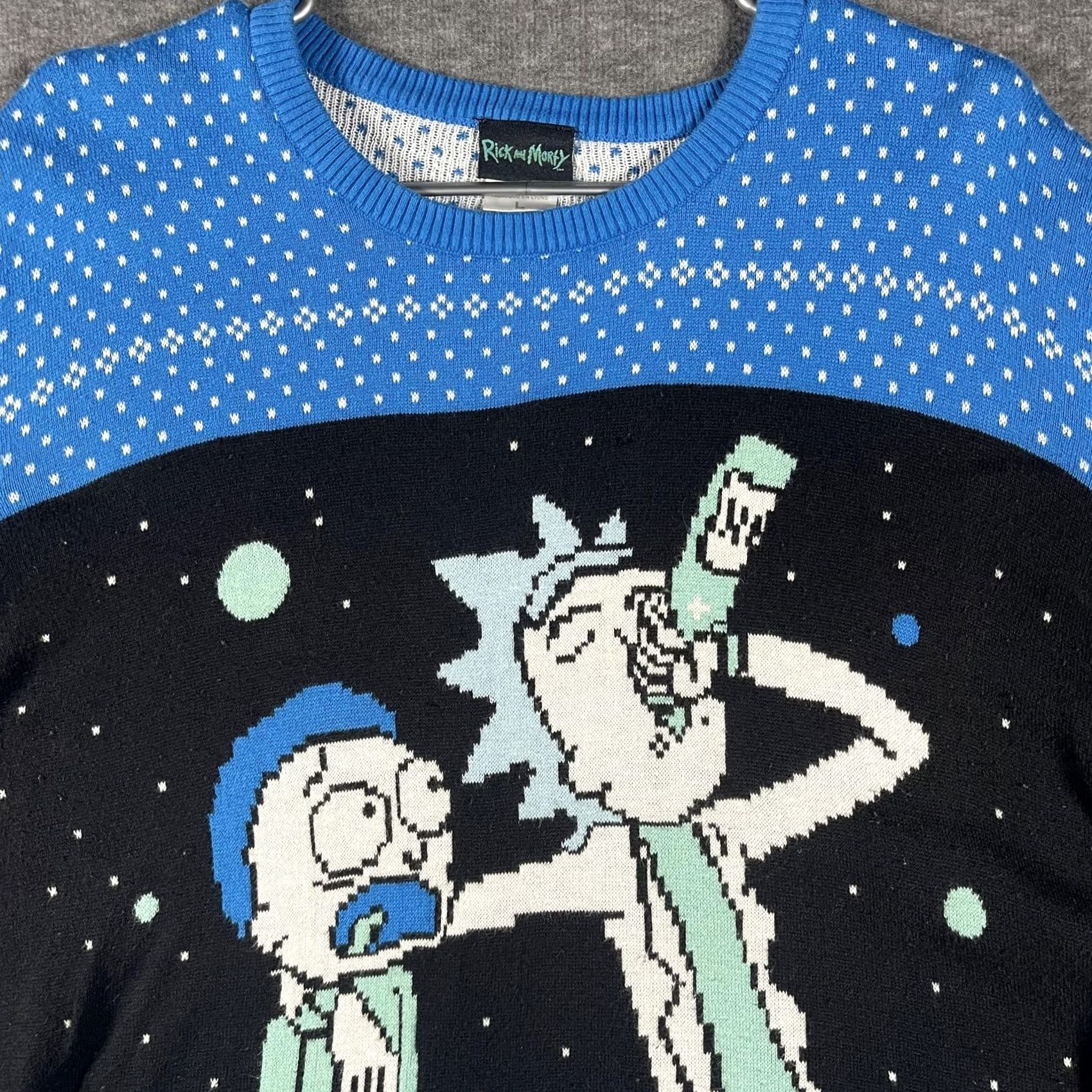 Vintage Rick and Morty Sweater Mens Large Blue Black Graphic Print Crew Neck Pullover Wubba Lubba Dub Dub Knit Wool Cotton Mix Size US L / EU 52-54 / 3 - 3 Thumbnail