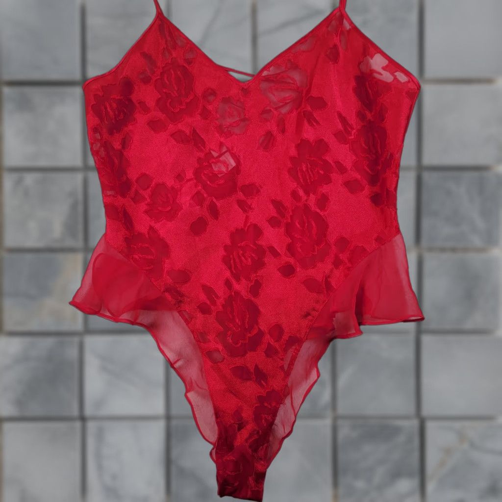 VINTAGE Victoria's Secret Gold Label Red Lace Sheer Ruffle Teddy One Piece Size Large Women Sleeveless