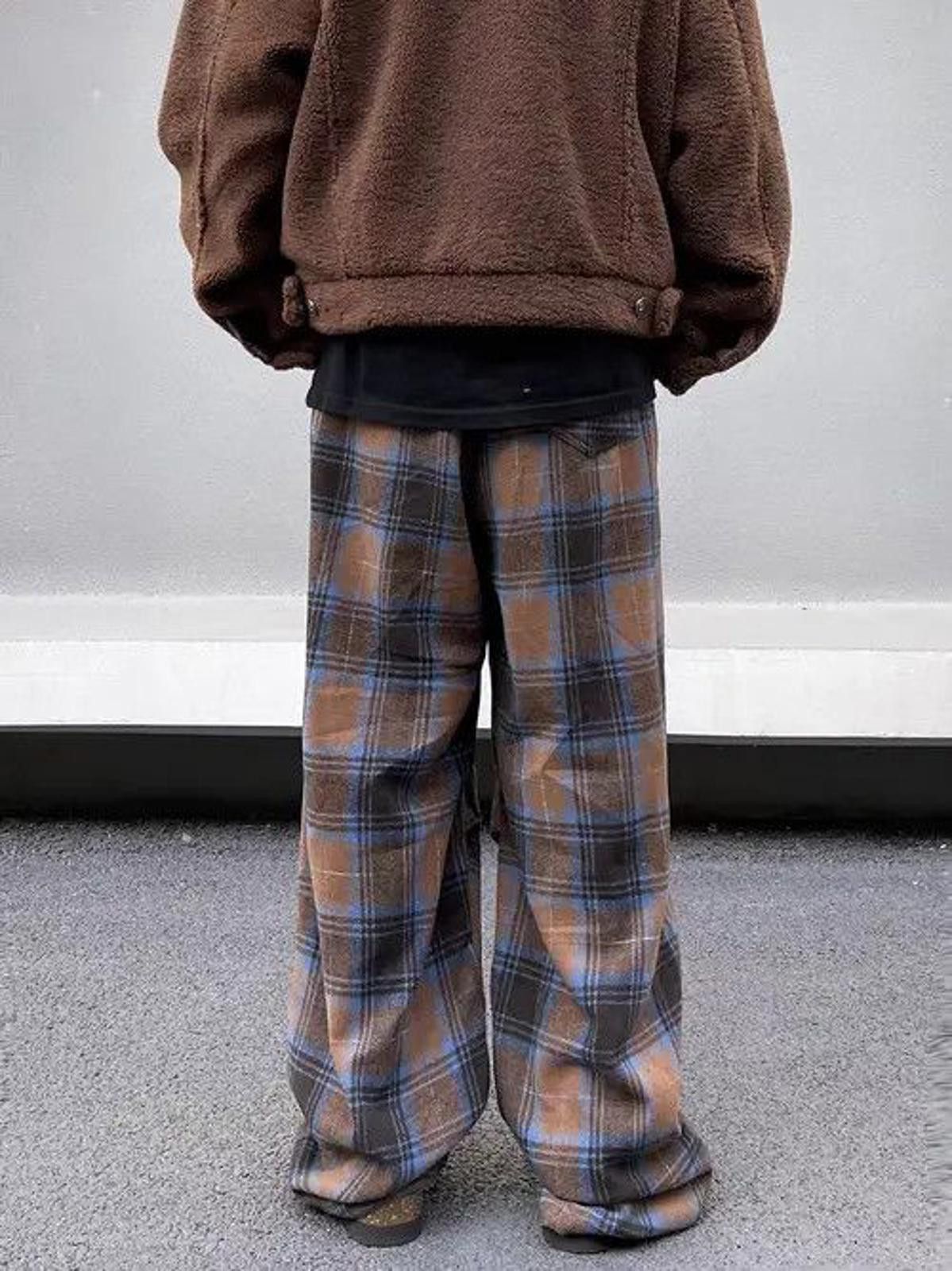 Vintage Brown Blue Plaid Baggy Casual Pants, Wide Leg Trousers Size US 30 / EU 46 - 3 Thumbnail