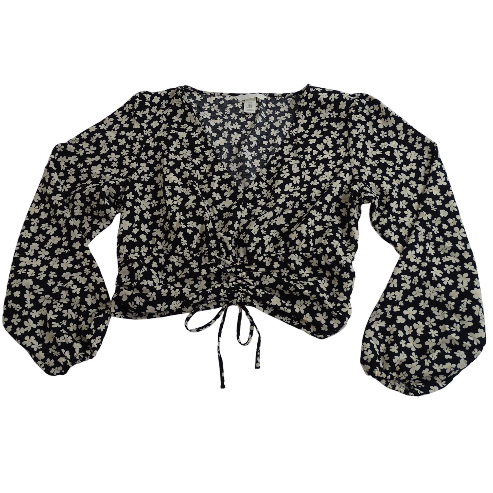 H&M H&M Black Floral Crop Top Long Sleeve V-Neck Drawstring Hem Size M / US 6-8 / IT 42-44 - 2 Thumbnail