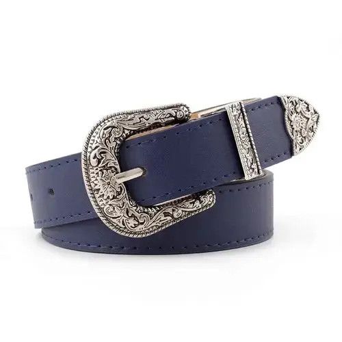 Genuine Leather Belts Women Black Retro Pin Buckle Belt Vintage Carved Belt Size ONE SIZE - 2 Thumbnail