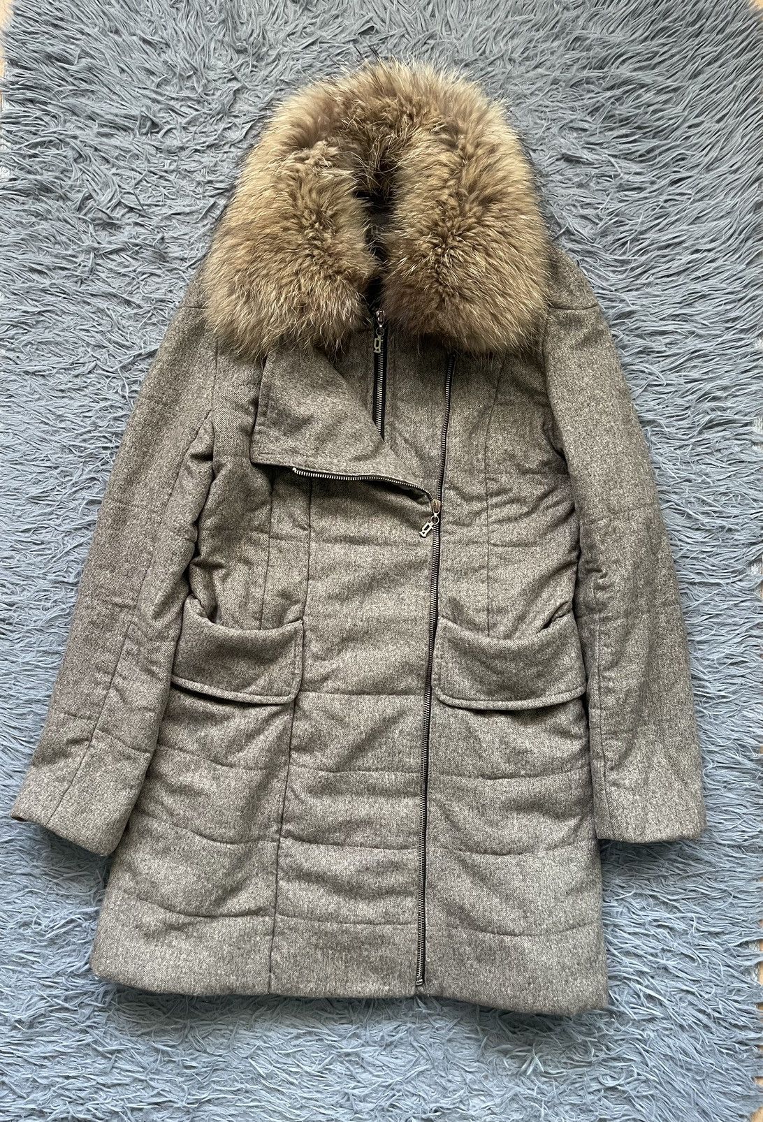 image of Galliano 00S Vintage Wool Coat Jacket With Real Fur Collar in Grey, Women's (Size Small)