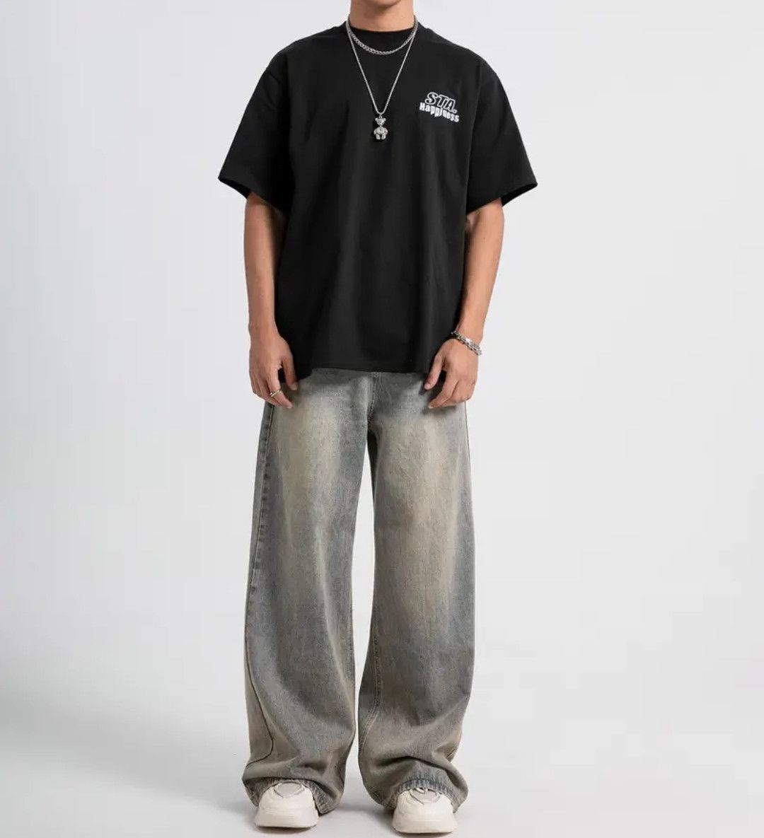 Solid Simple Baggy Wide Leg Vintage Wash Jeans
