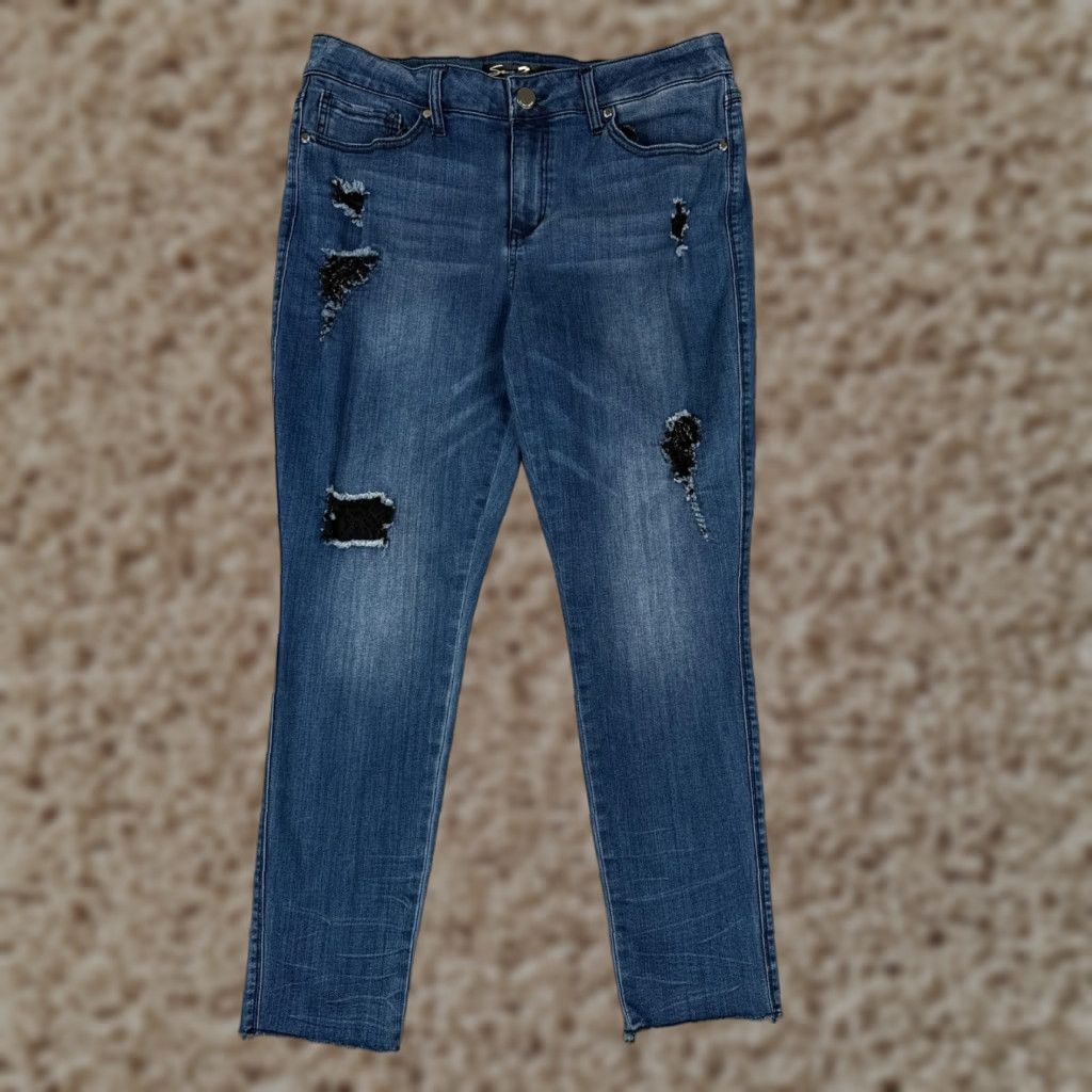 Vintage Seven7 Jeans Women Skinny Jeans 34x28 Blue Denim Distressed Mid Rise 16 5-Pocket Logo Embroidered Cotton Regular Adult Womens Size 38" / US 16 / IT 52 - 1 Thumbnail