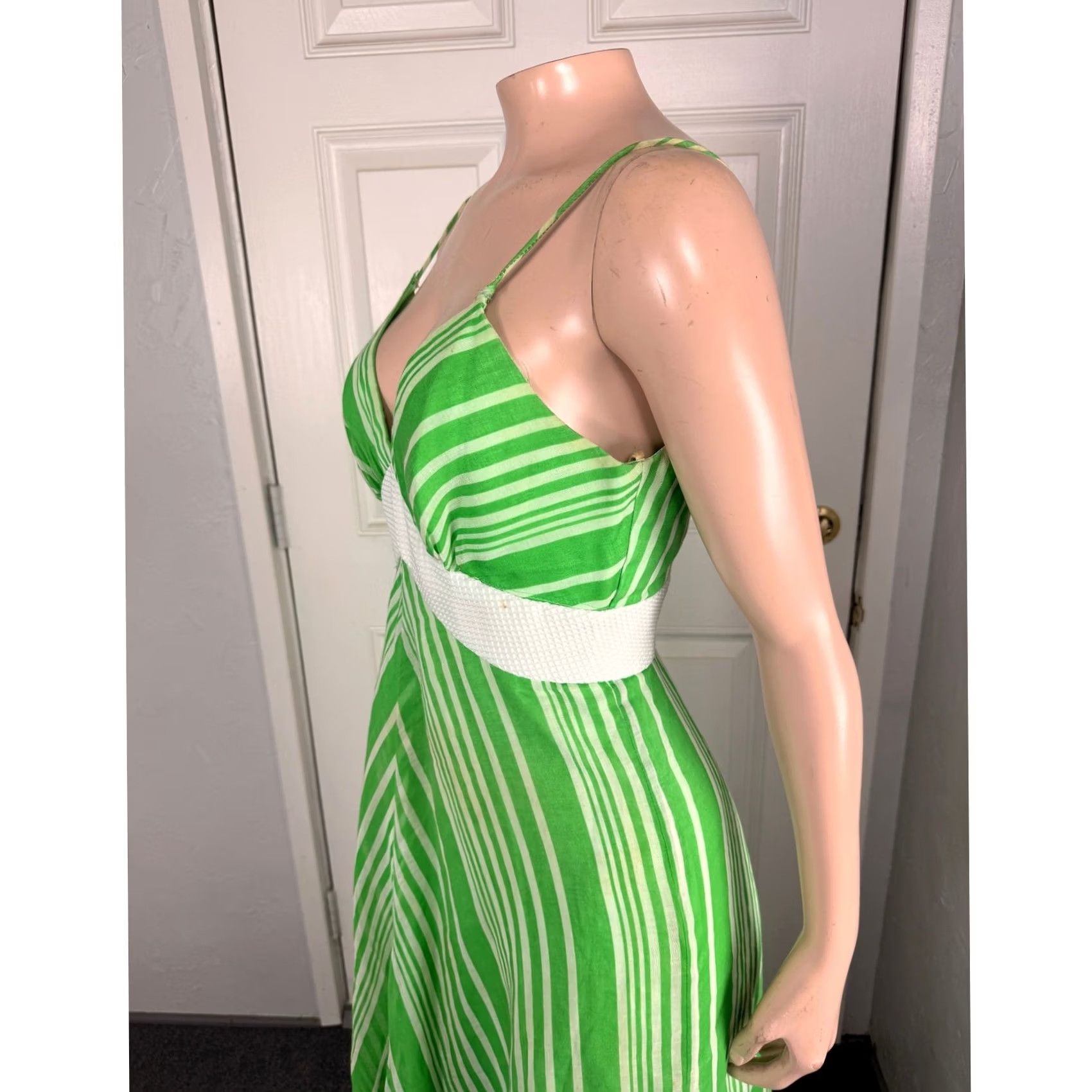 Vintage VINTAGE 1970s Women's Maxi Dress Cotton Polyester Green 10 S Striped V neck Party K3-21 Size S / US 4 / IT 40 - 7 Thumbnail
