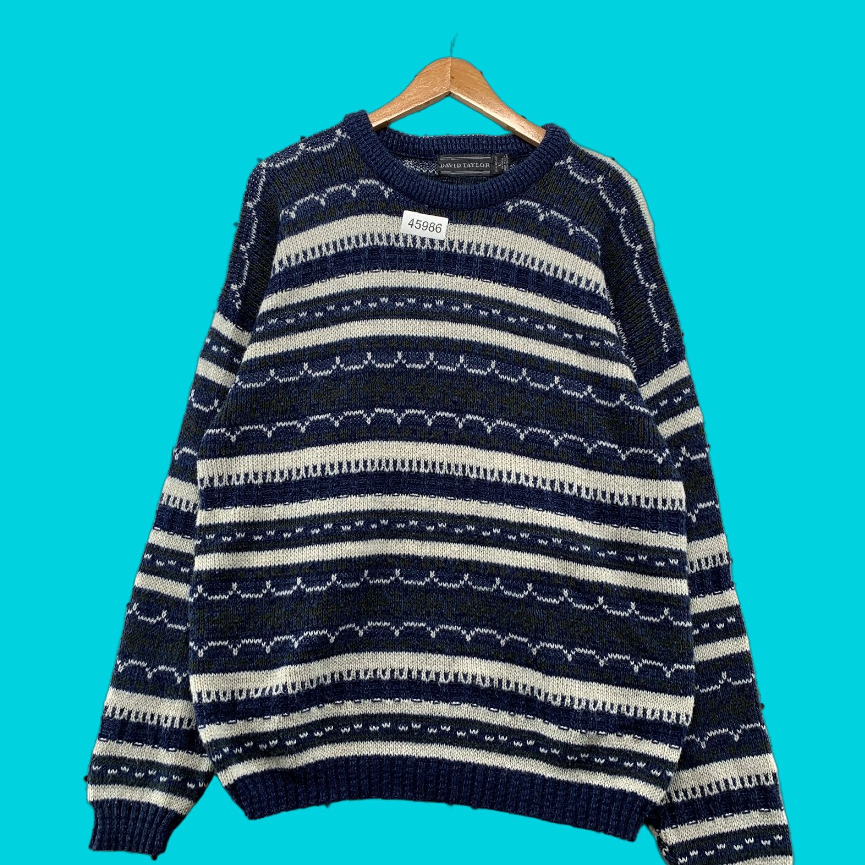 VINTAGE David Taylor Sweater Mens LT Large Tall Blue USA 3D Knit Crew Neck Pullover Winter Casual