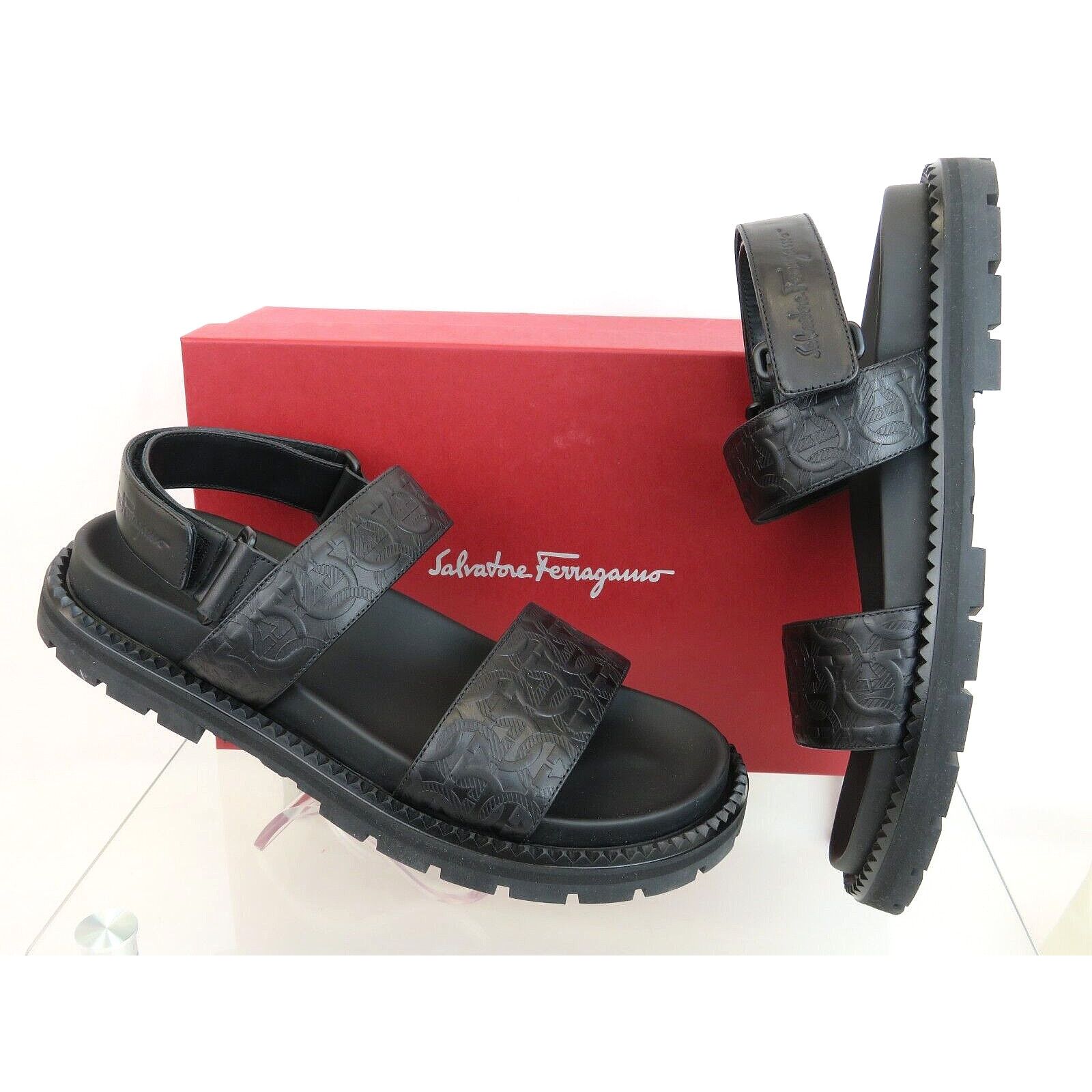 image of Salvatore Ferragamo Notorius Black Leather Gancini Embossed Strap Sandals 10 M, Men's