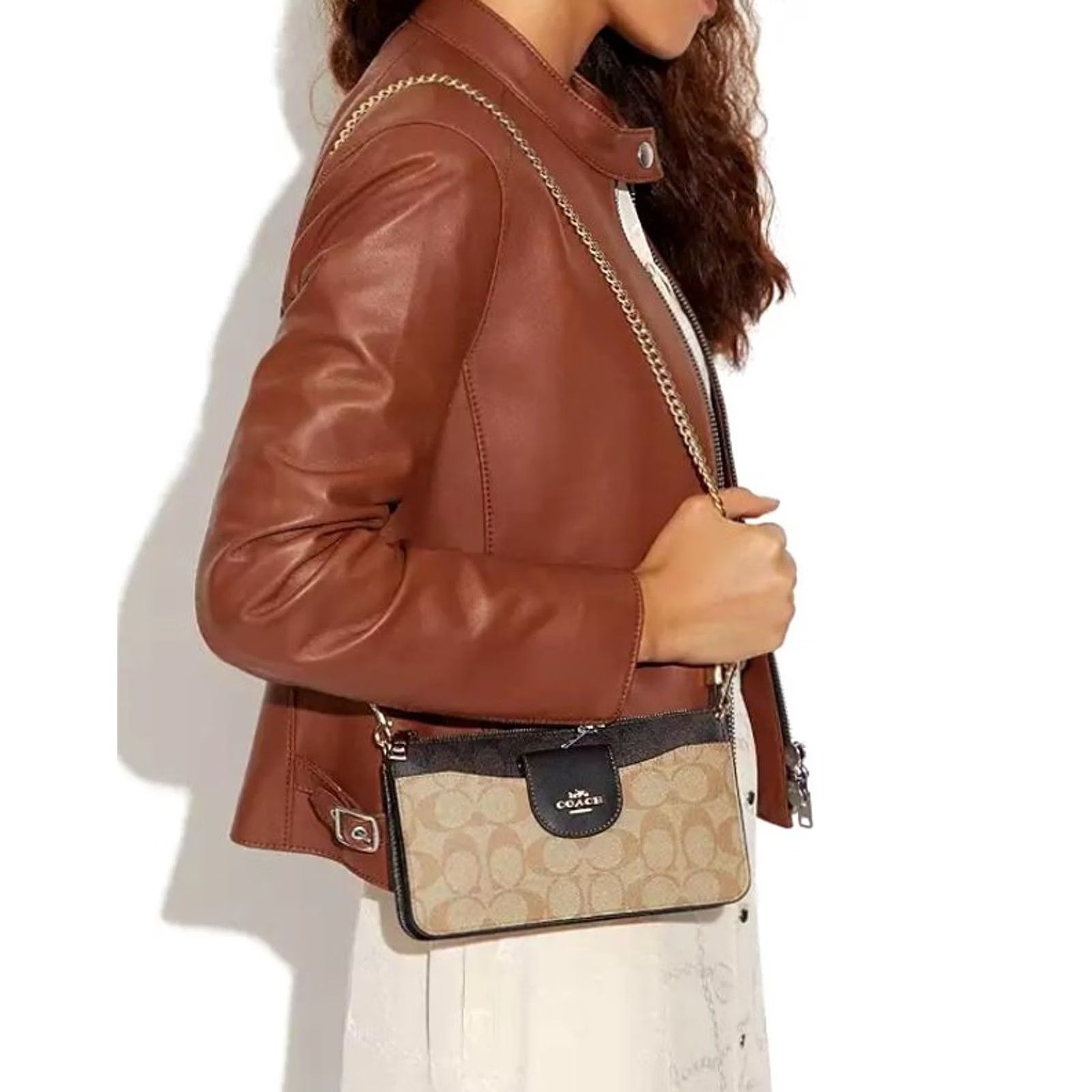 Coach Coach Crossbody Womens Small Poppy Card Case Block Signature Khaki Brown Black CA843 Chain Size ONE SIZE - 3 Thumbnail