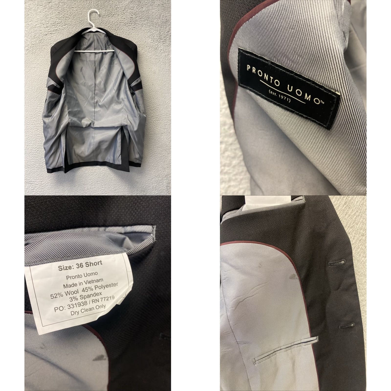 Pronto Uomo PRONTO UOMO PLATINUM mens sport coat blazer 36 Short Black Wool Polyester Notch Lapel Two-Button Regular Mens Jacket Coat Size 36R - 8 Thumbnail