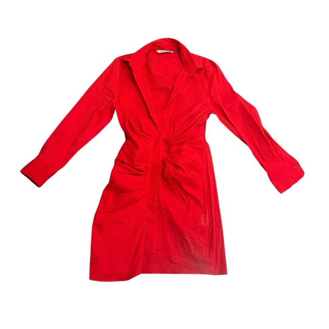 Zara Red Draped Mini Dress Collar Long Sleeves Front Ruched Size M / US 6-8 / IT 42-44 - 1 Thumbnail