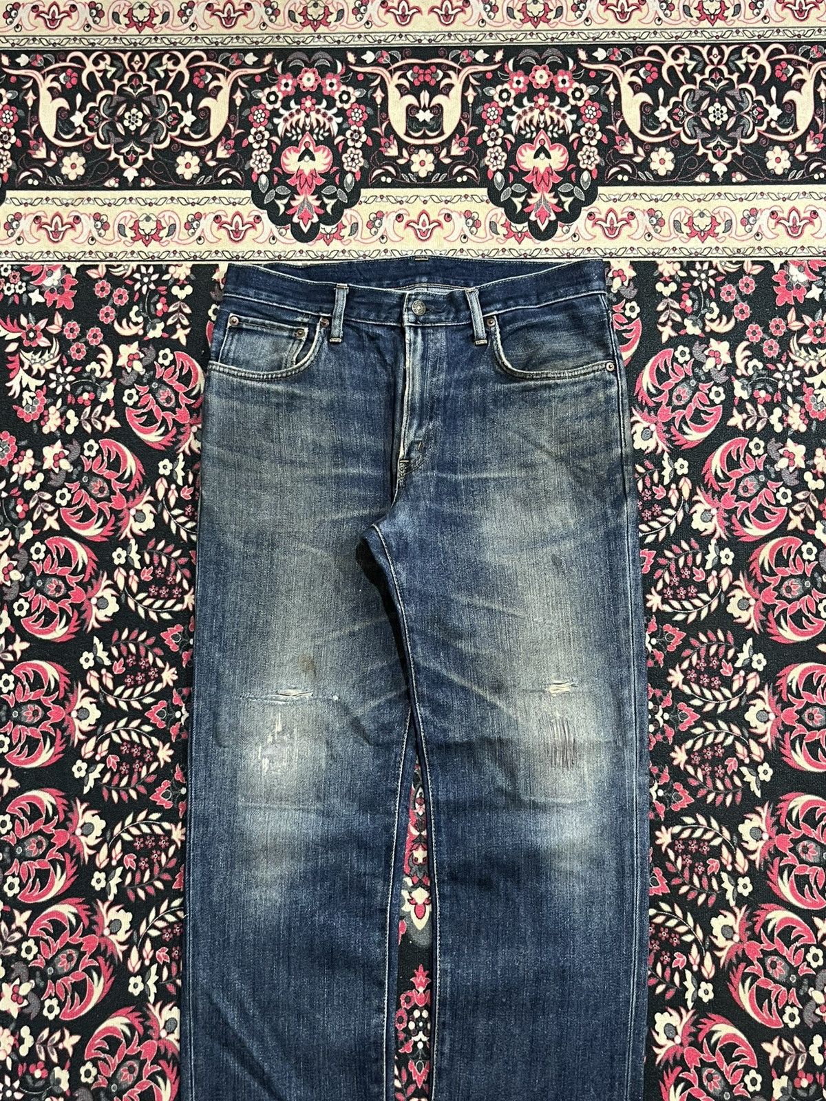 Edwin Edwin 503 Dark Blue Faded Washed Repaired Knee Straight Jean Size US 31 - 3 Thumbnail