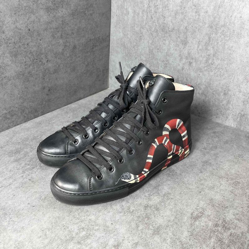 Gucci Gucci Black Leather Snake Print High-Top Sneakers 0079 Size US 7 / EU 40 - 1 Thumbnail