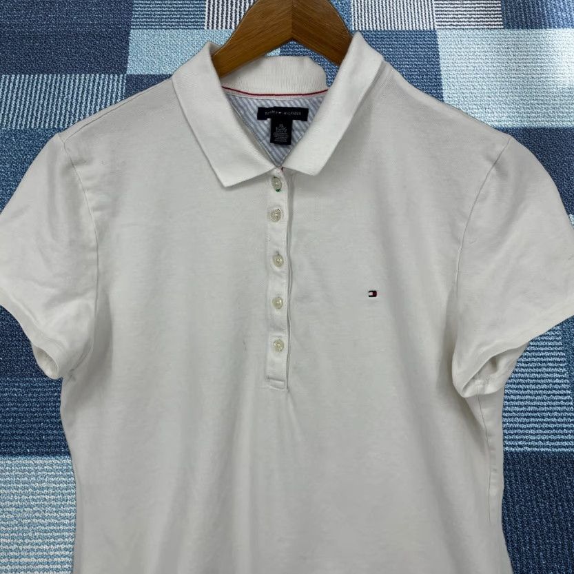 Tommy Hilfiger Tommy Hilfiger Polo Shirt Women's XL White Solid Cotton Blend Logo Button Collared Casual Times: 90s? (adjusted) Size XL / US 12-14 / IT 48-50 - 1 Thumbnail