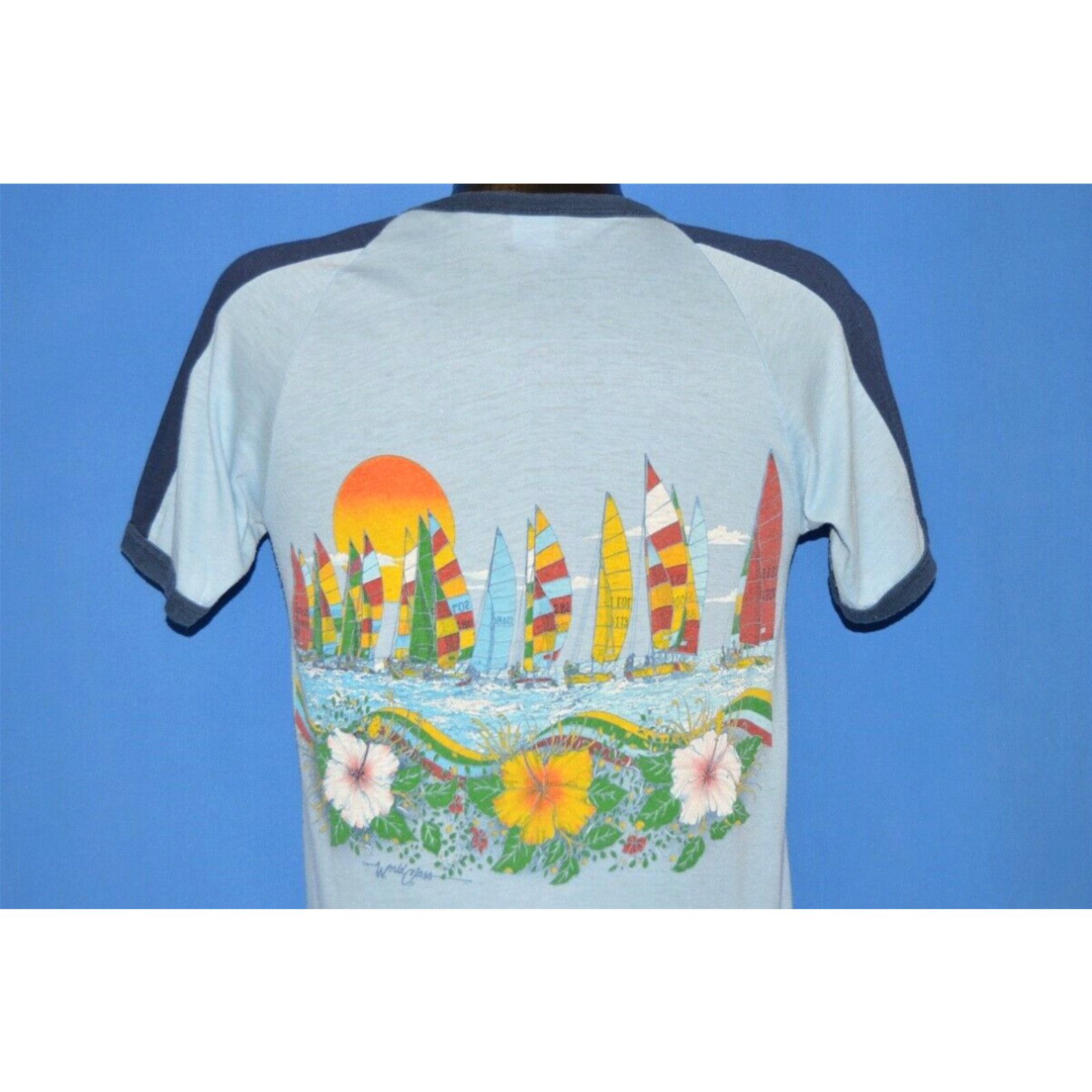 image of Vintage 80's Cocoa Beach Florida Sunset Sailboat Hibiscus Flower Ringer T-Shirt S in White (Size Sm