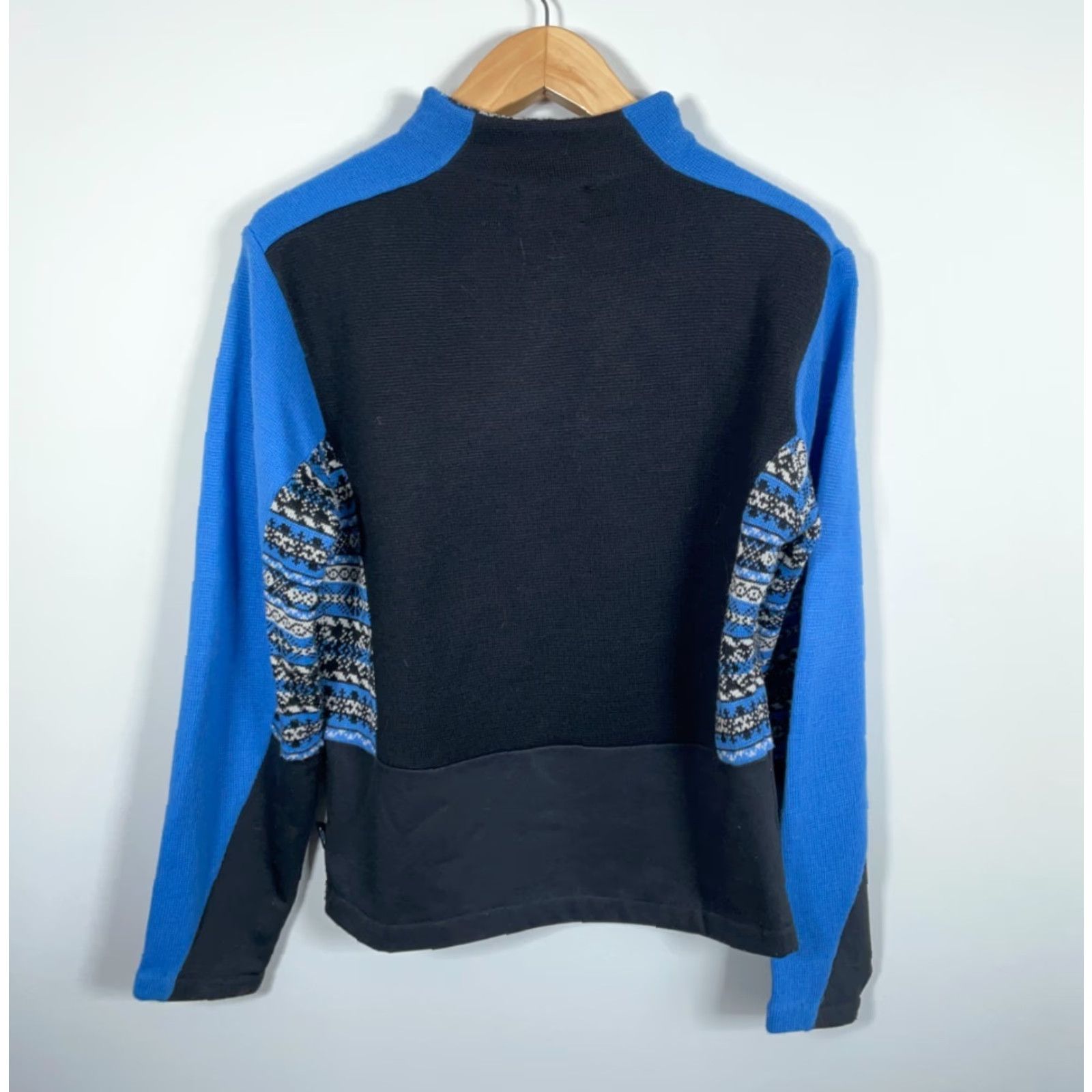 Obermeyer VINTAGE Obermeyer Women's XL Blue Black Panel 1/4 Zip Fair Isle Trim Wool Blend Sweater Pullover Knit Ski Size XL / US 12-14 / IT 48-50 - 2 Thumbnail