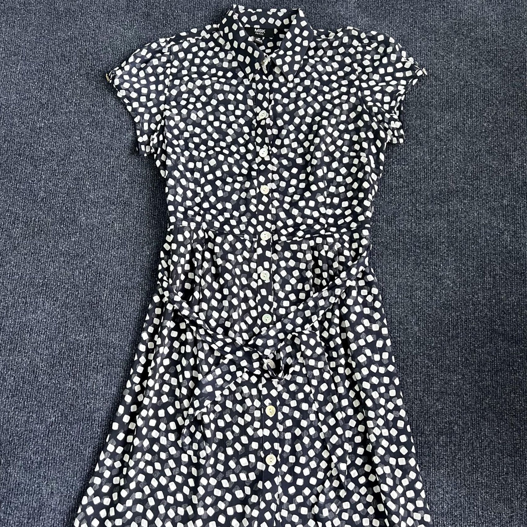 Vintage MSK Dress Womens 6P Black Geometric Polka Dot Belted Shirt Knee Length Workwear Size M / US 6-8 / IT 42-44 - 2 Thumbnail