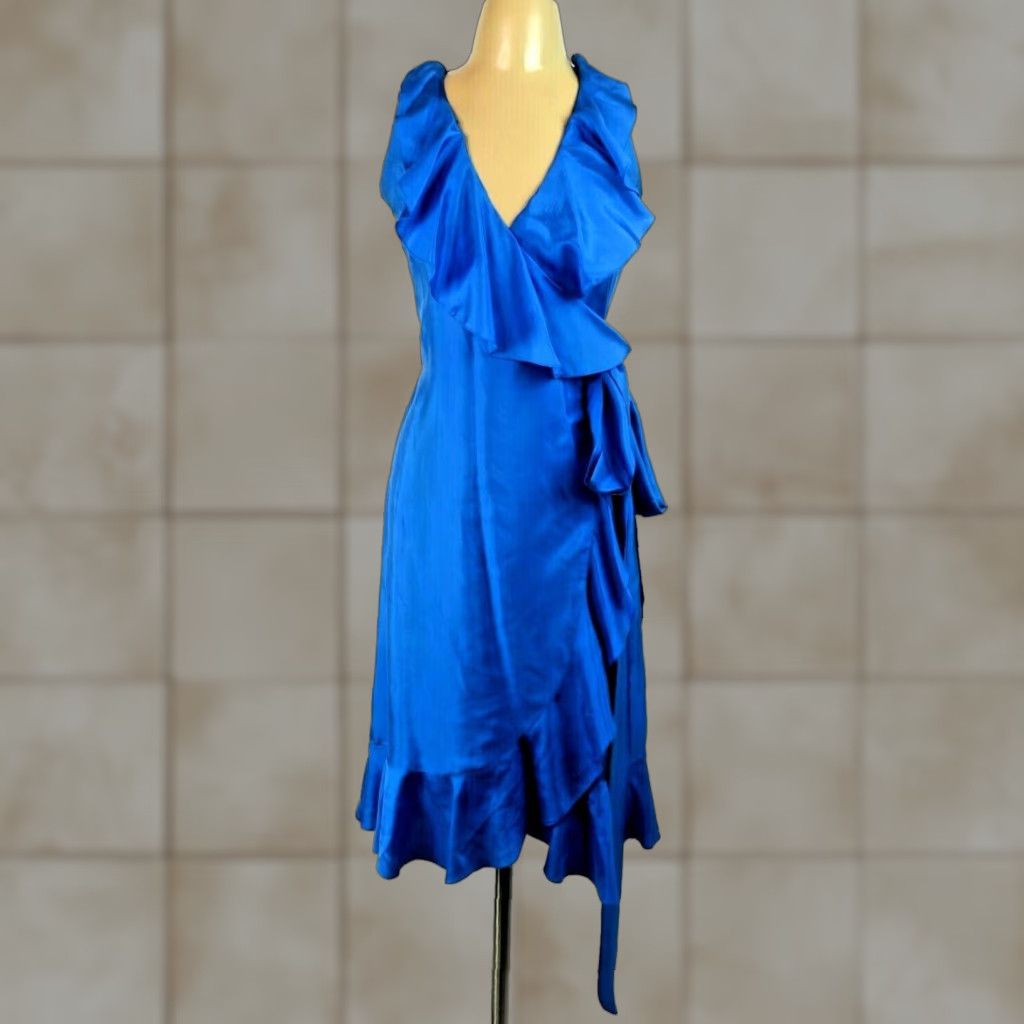 Ralph Lauren Silk Tea-Length Wrap Evening Dress LRL Bright Blue 100% sz 6
