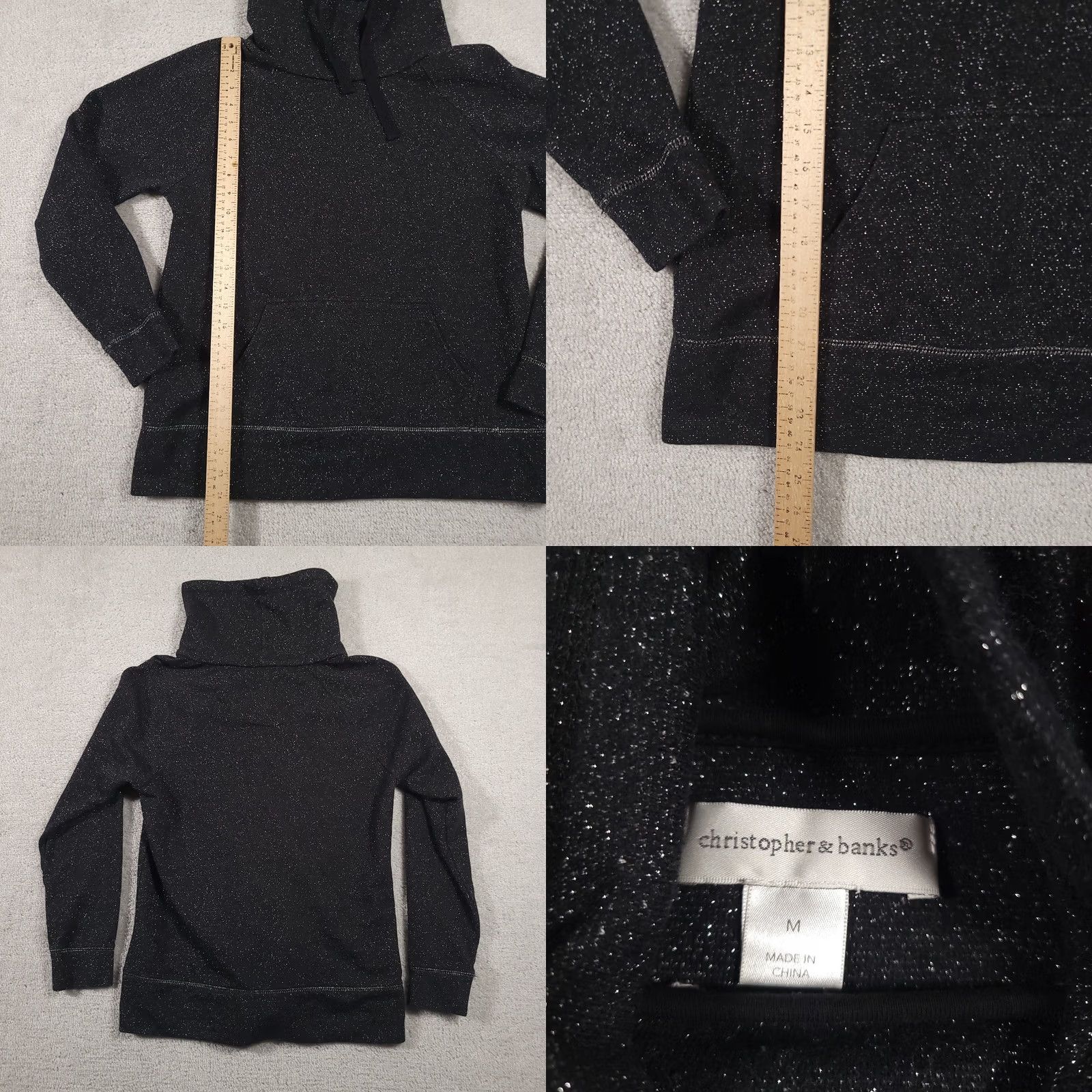 Vintage Christopher & Banks Sweatshirt Women's Medium Black Silver Glitter Cowlneck Pullover Knit Long Sleeve Kangaroo Pocket Drawstring Regular Vintage No Size M / US 6-8 / IT 42-44 - 8 Thumbnail