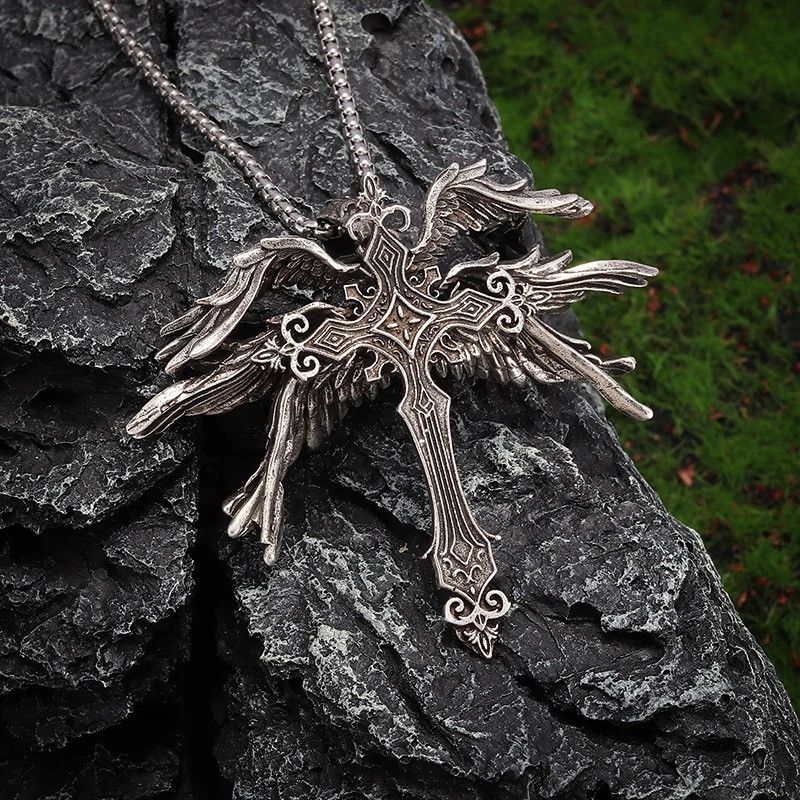 Jewelry × Vintage Classic Retro Angel Wings Cross Pendant Necklace Size ONE SIZE - 5 Thumbnail