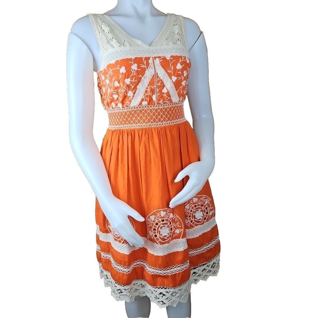 Anthropologie Moulinette Soeurs Anthro Dress Womens 0 Orange Crochet Medal Size XS / US 0-2 / IT 36-38 - 1 Thumbnail