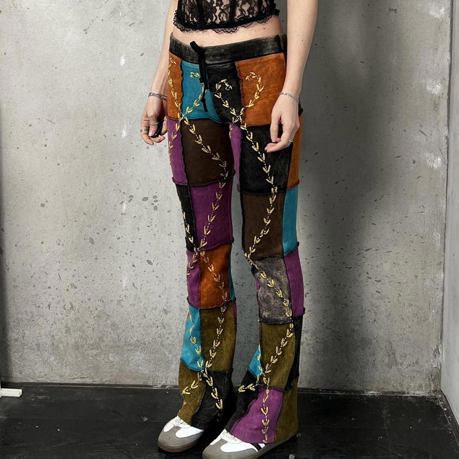 Japanese Brand Nepal Handmade Boho Multicolor Patchwork Bell Bottom Pants Size 29" - 3 Thumbnail
