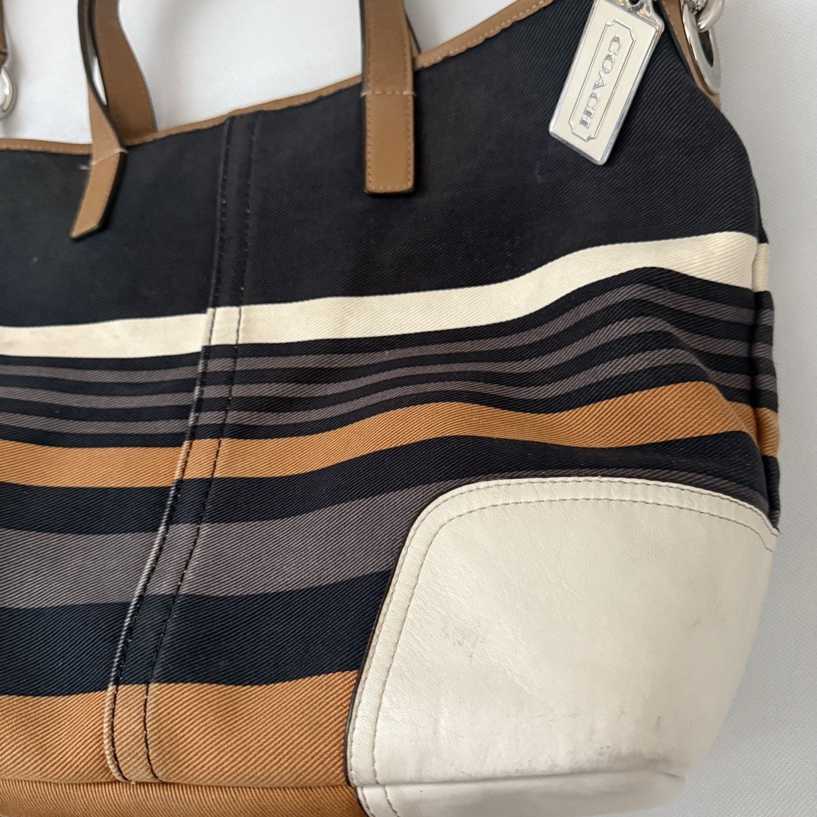 Coach Coach Hadley Tote Straps Striped Canvas Leather Travel Bag Size ONE SIZE - 3 Thumbnail