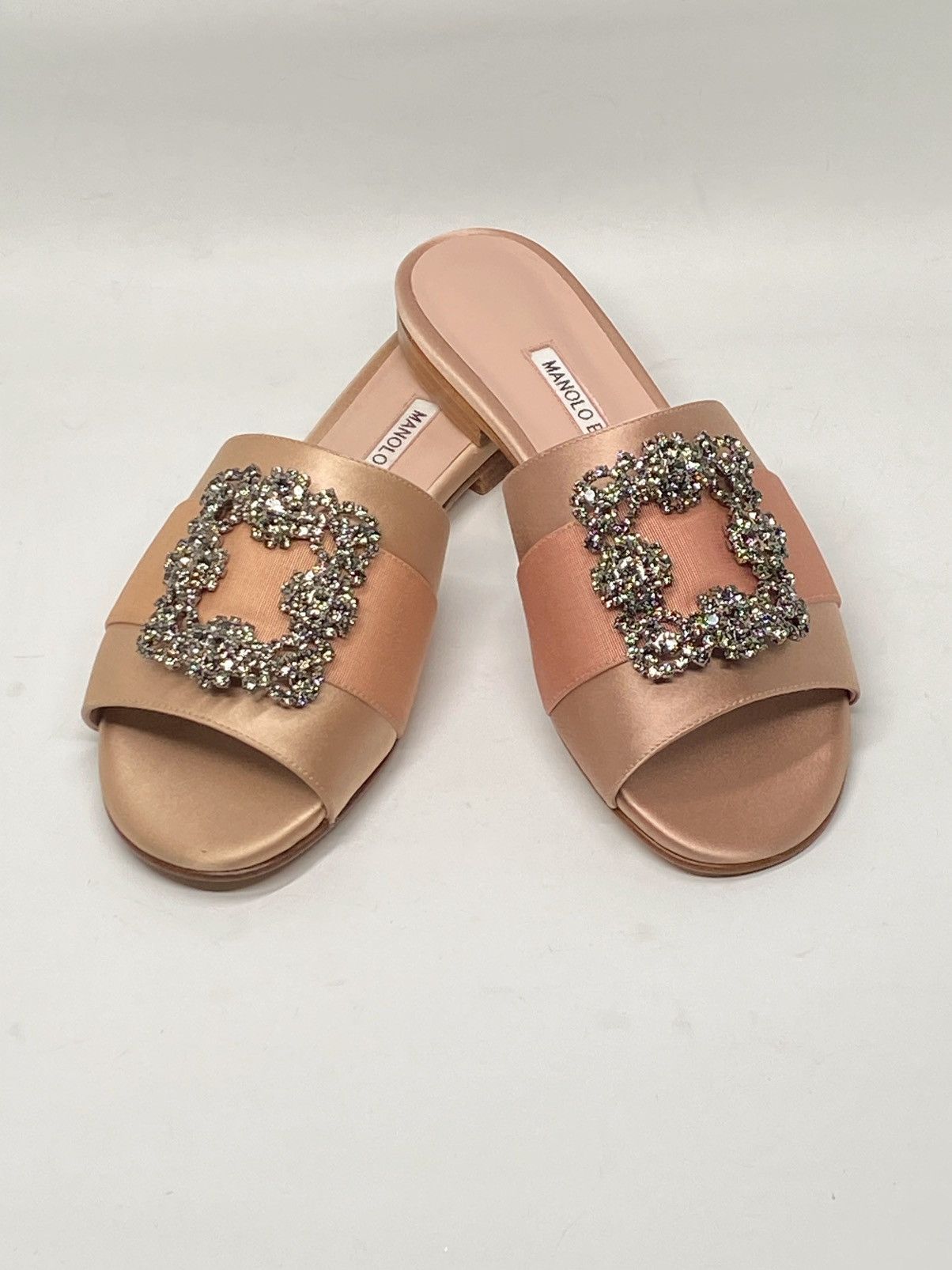Manolo Blahnik Beige Satin Jewel Buckled Flat Sandal size 37