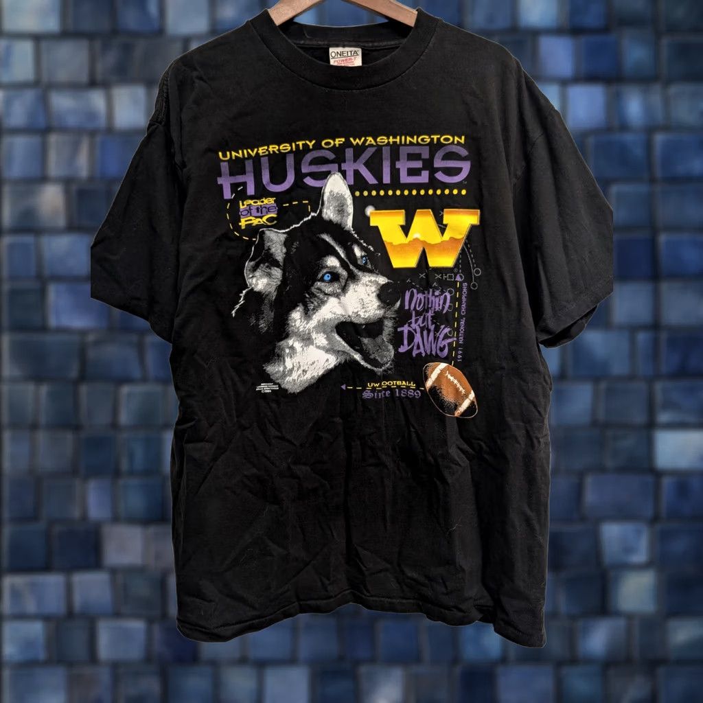 Vintage VINTAGE Washington Huskies T-Shirt Nothin But Dawg National Champions XL UW Oneita Mens Black Cotton 90s College Sports University Size US XL / EU 56 / 4 - 1 Thumbnail