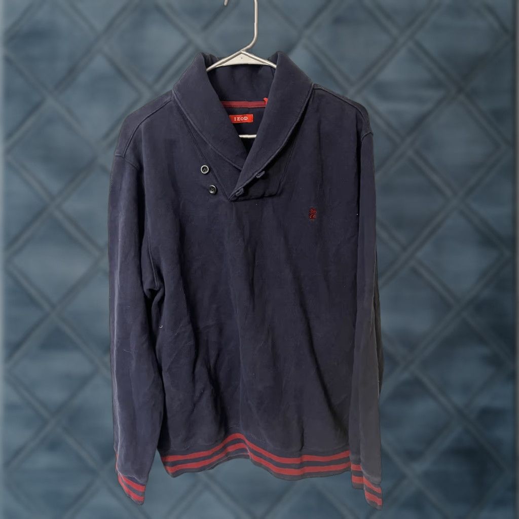 Izod Izod Mens Sweater Shawl Collar Large Navy Blue Knitted Pullover Solid Cotton Lightweight Classic Knit Style Regular Fit Long Sleeve Mens Size L"} Size US L / EU 52-54 / 3 - 1 Thumbnail