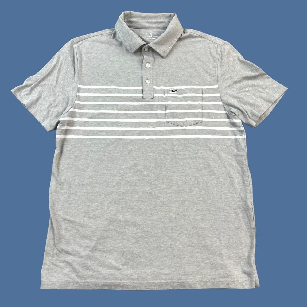 Vineyard Vines Vineyard Vines Edgartown Polo Mens Small Gray Pima Striped Pocket Golf Casual Size US S / EU 44-46 / 1 - 1 Thumbnail