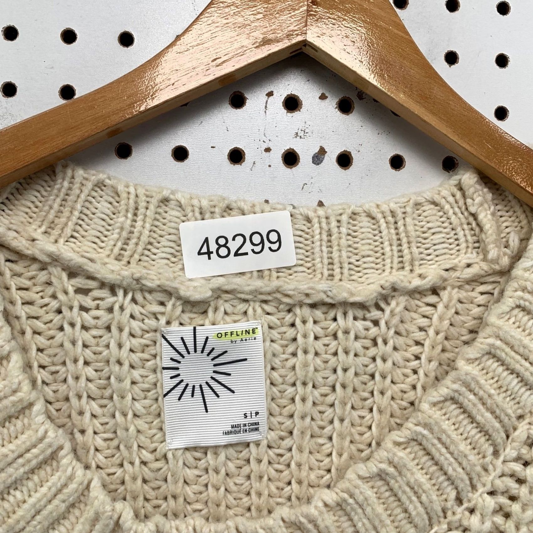 Vintage OFFLINE by Aerie Sweater Women S Cream Ivory Chunky Knit Crewneck/Heavy Ribbed Knit Pullover Oversized Casual Winter Size S / US 4 / IT 40 - 2 Thumbnail