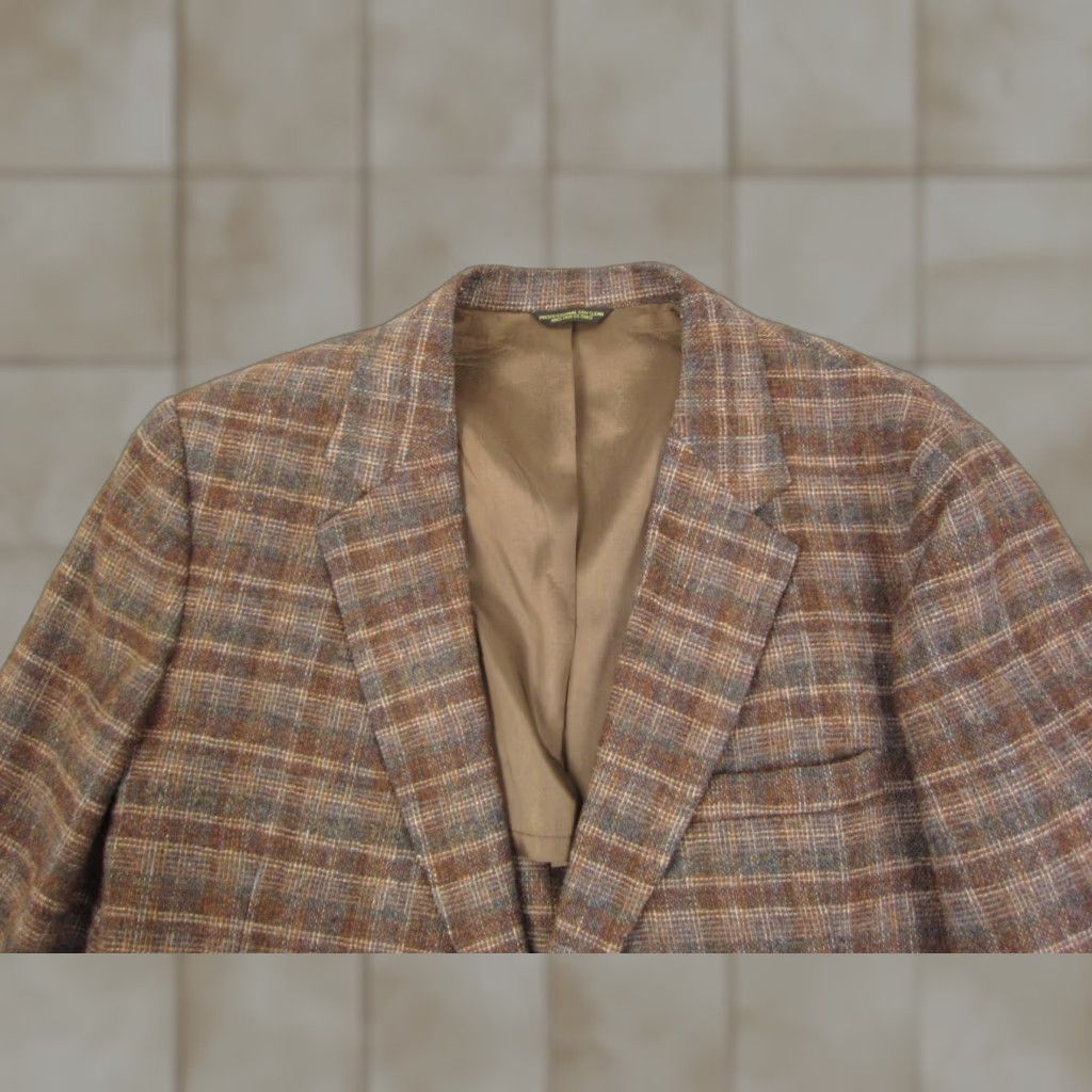 VINTAGE Palace Clothiers Blazer Jacket Mens 44 Brown Tweed Plaid 80s 90s Sports Coat Two-Button Front Mid-Length Regular Fit Mens