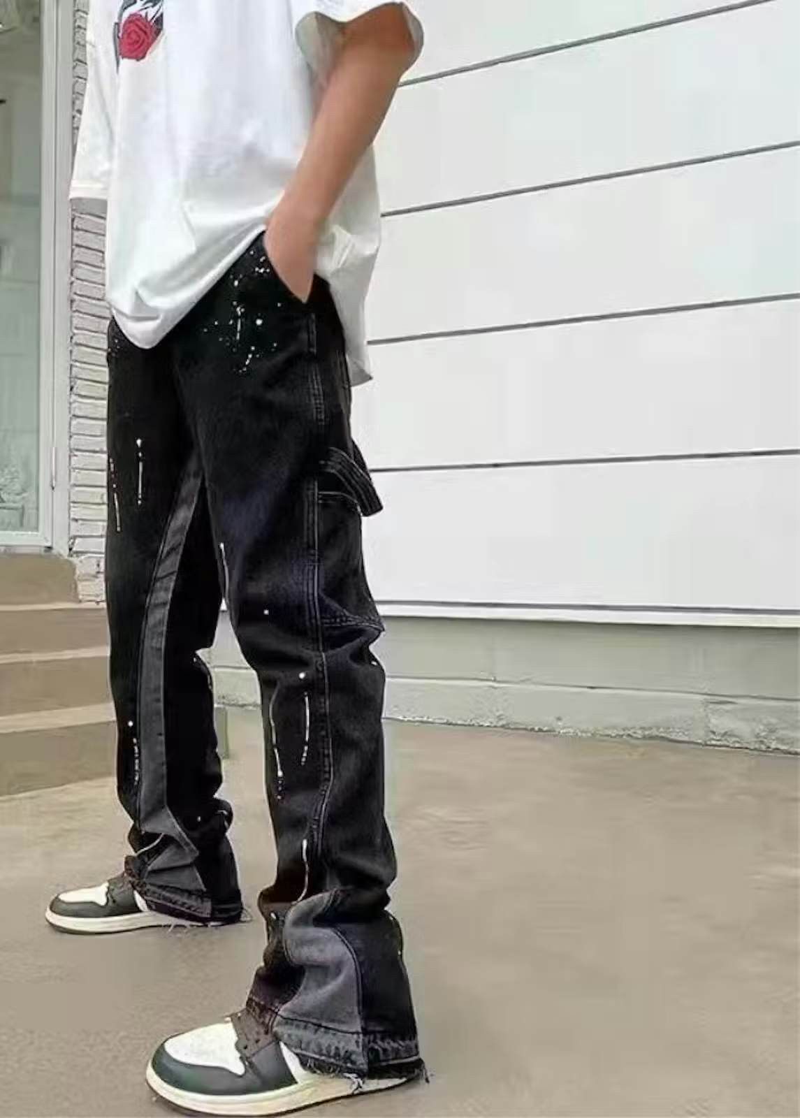 image of Splashing Ink Wide Leg Denim Flare Pants in Black, Men's (Size 32)