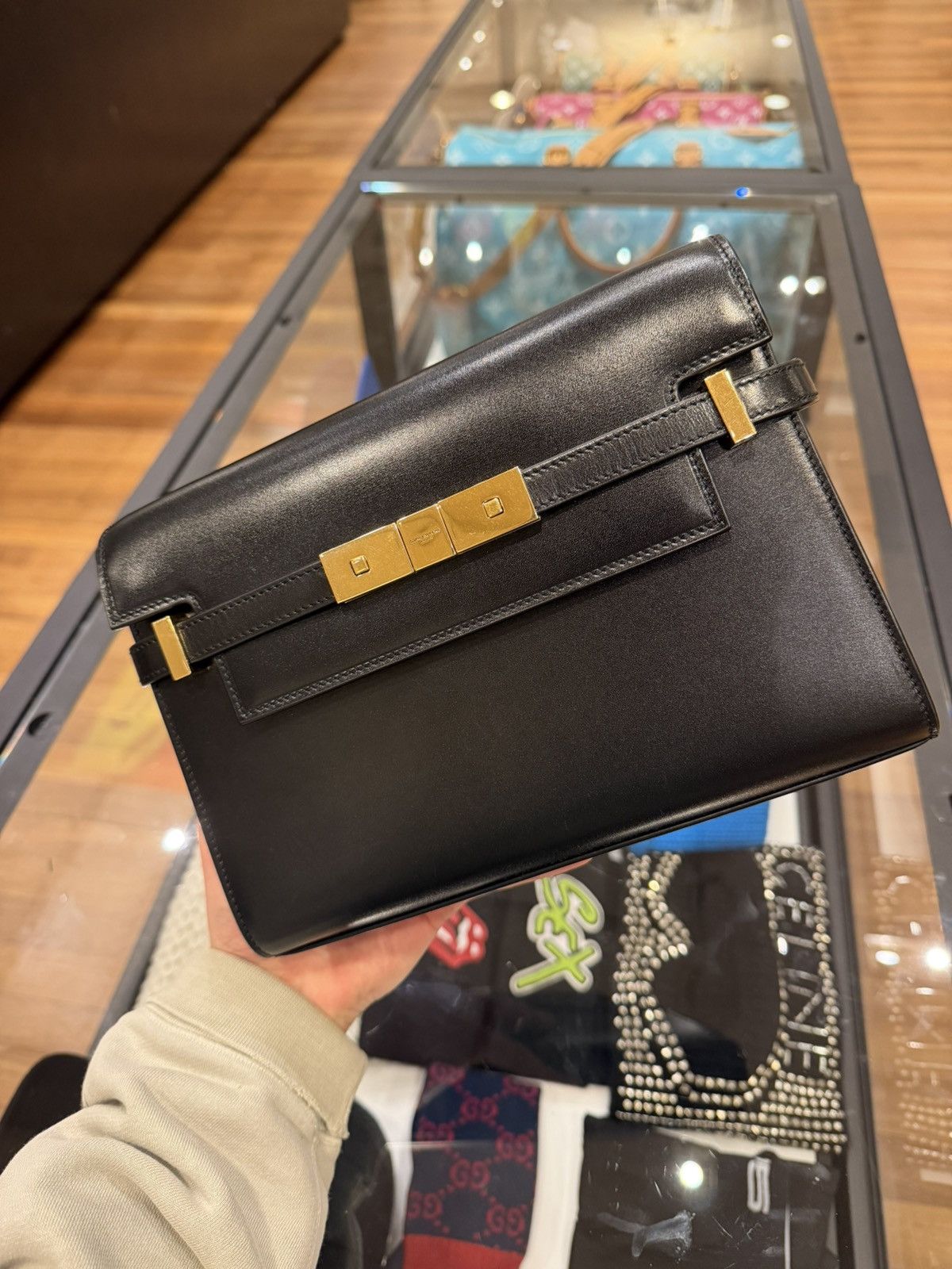 Saint Laurent Paris YSL Manhattan Shoulder Bag In Box Leather Black Small Size ONE SIZE - 1 Thumbnail