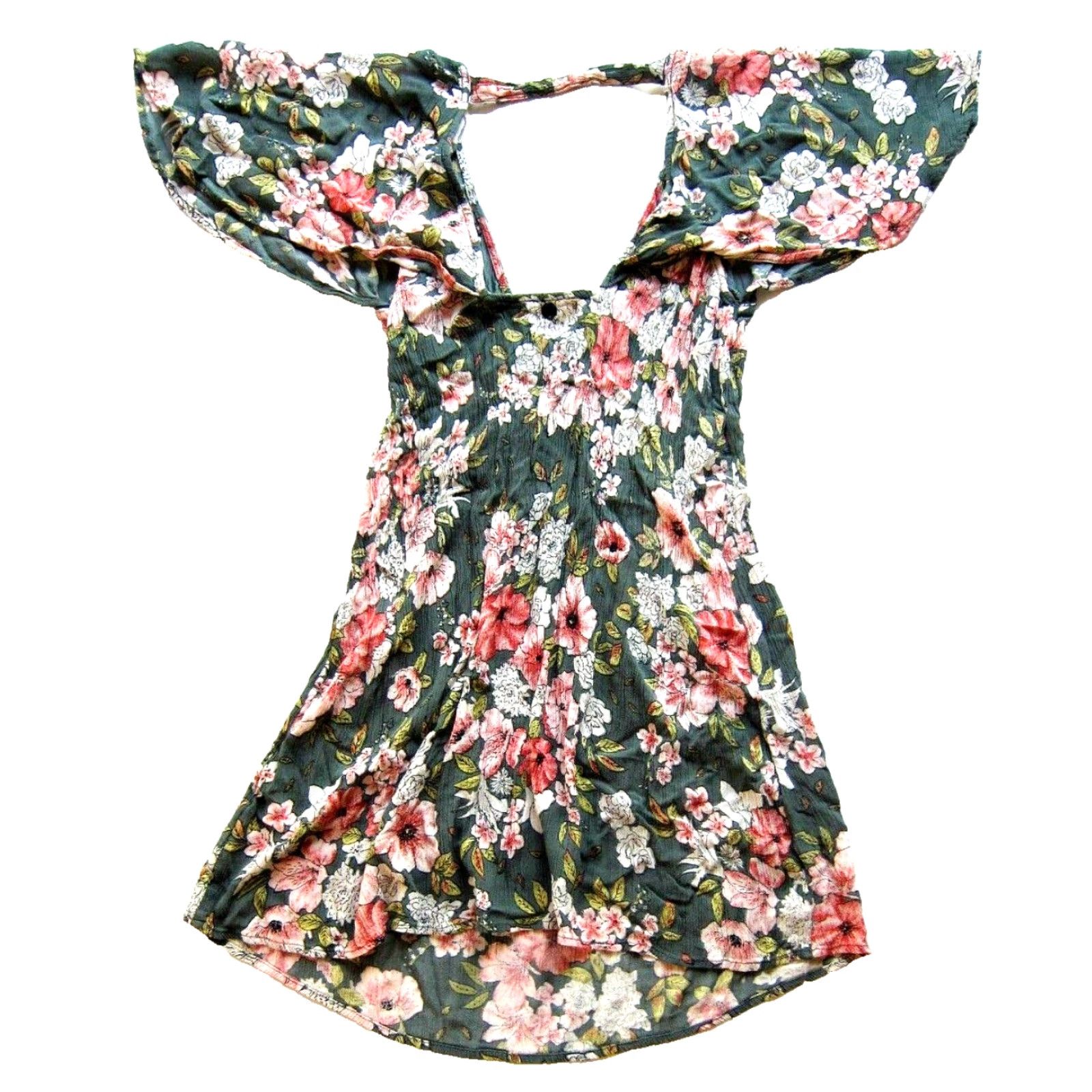 Billabong Billabong 100% Rayon Green Pink Floral V-Neck Short Sleeve Dress Small Size 28" / US 6 / IT 42 - 2 Thumbnail