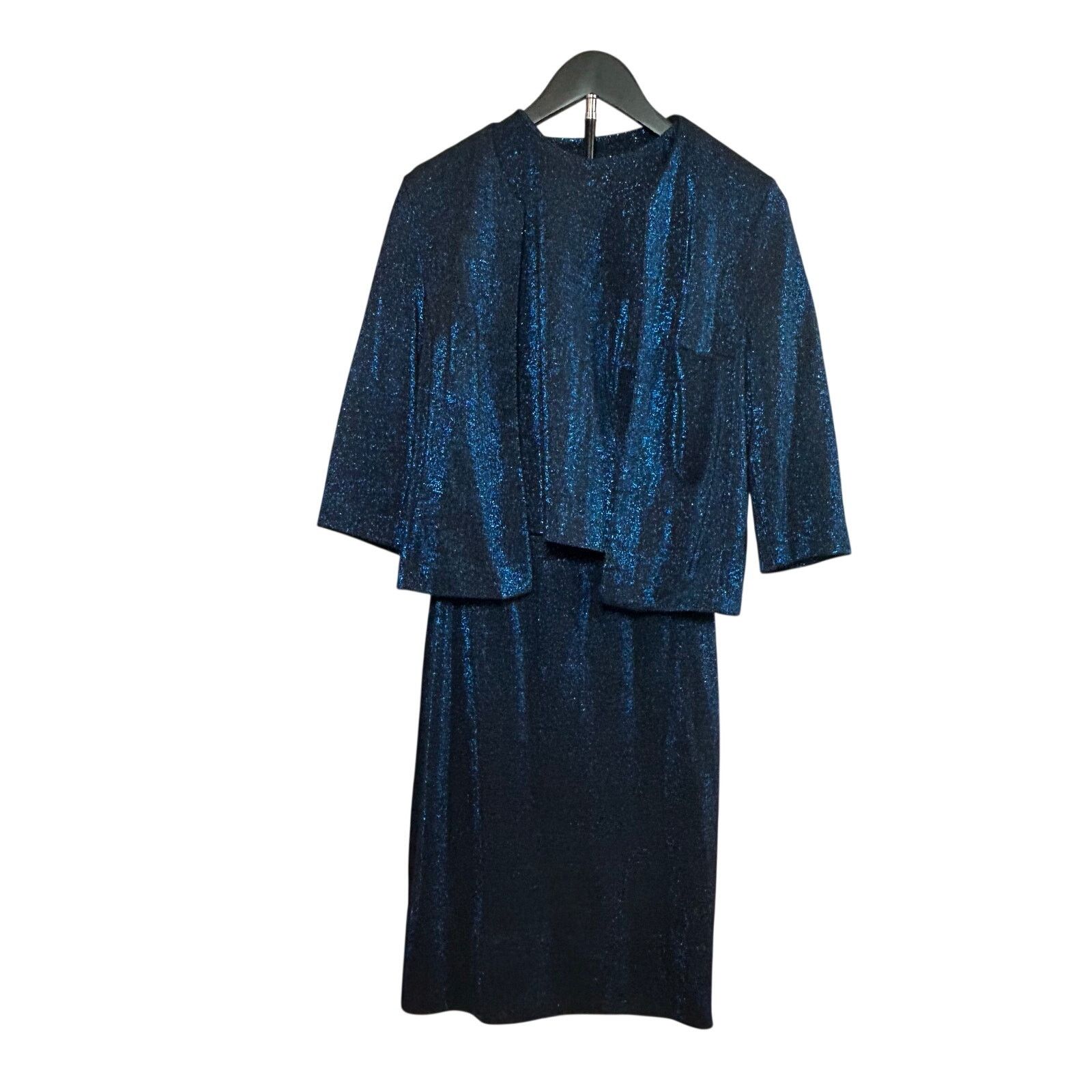 VTG 60s 3 Piece Skirt Set Navy Blue 12 Metallic Mod Evening