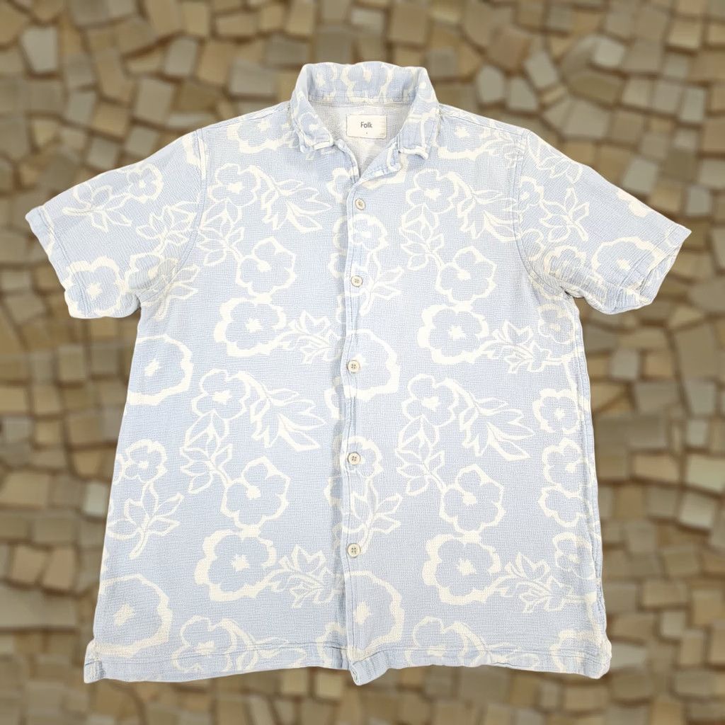 Folk Folk Shirt Blue Floral Short Sleeve Spread Collar Button-Up Men Large L Holiday Casual Travel Summer Cotton Size US L / EU 52-54 / 3 - 1 Thumbnail
