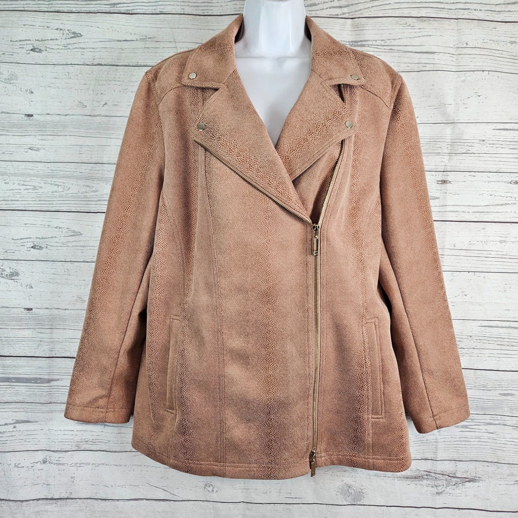 Vintage Chicos Womens Faux Suede Elongated Moto Jacket XL Brown Womens Jacket Size XL / US 12-14 / IT 48-50 - 2 Thumbnail