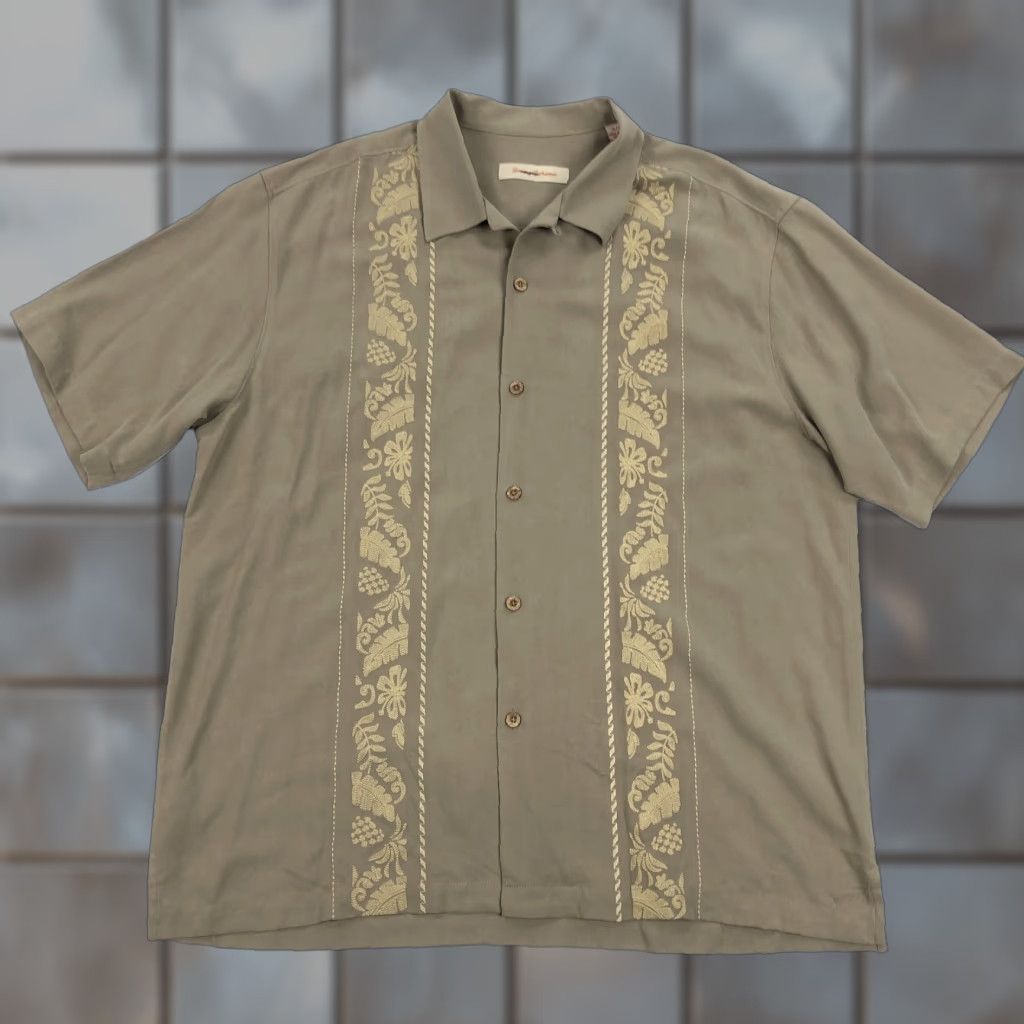 Tommy Bahama VINTAGE Tommy Bahama Silk Shirt XL Camp Loop Collar Vert Panel Brown Size US XL / EU 56 / 4 - 1 Thumbnail