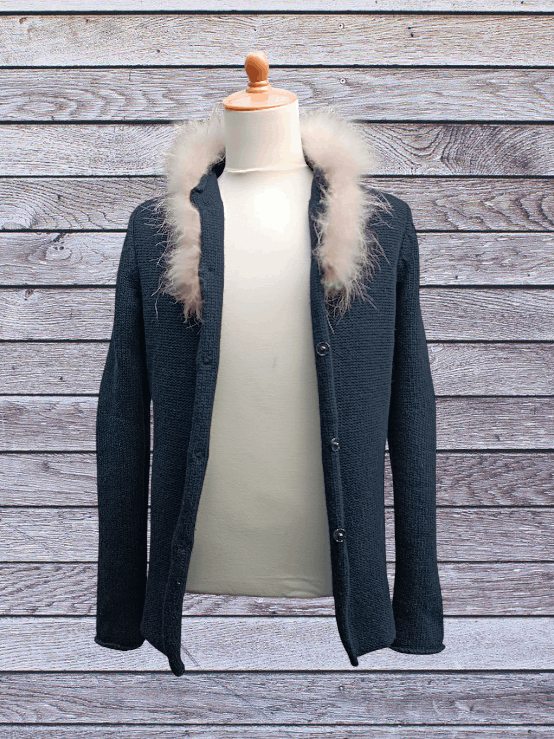 Japanese Brand Black Cardigan Knit Wool Fur Collar Size US M / EU 48-50 / 2 - 1 Thumbnail