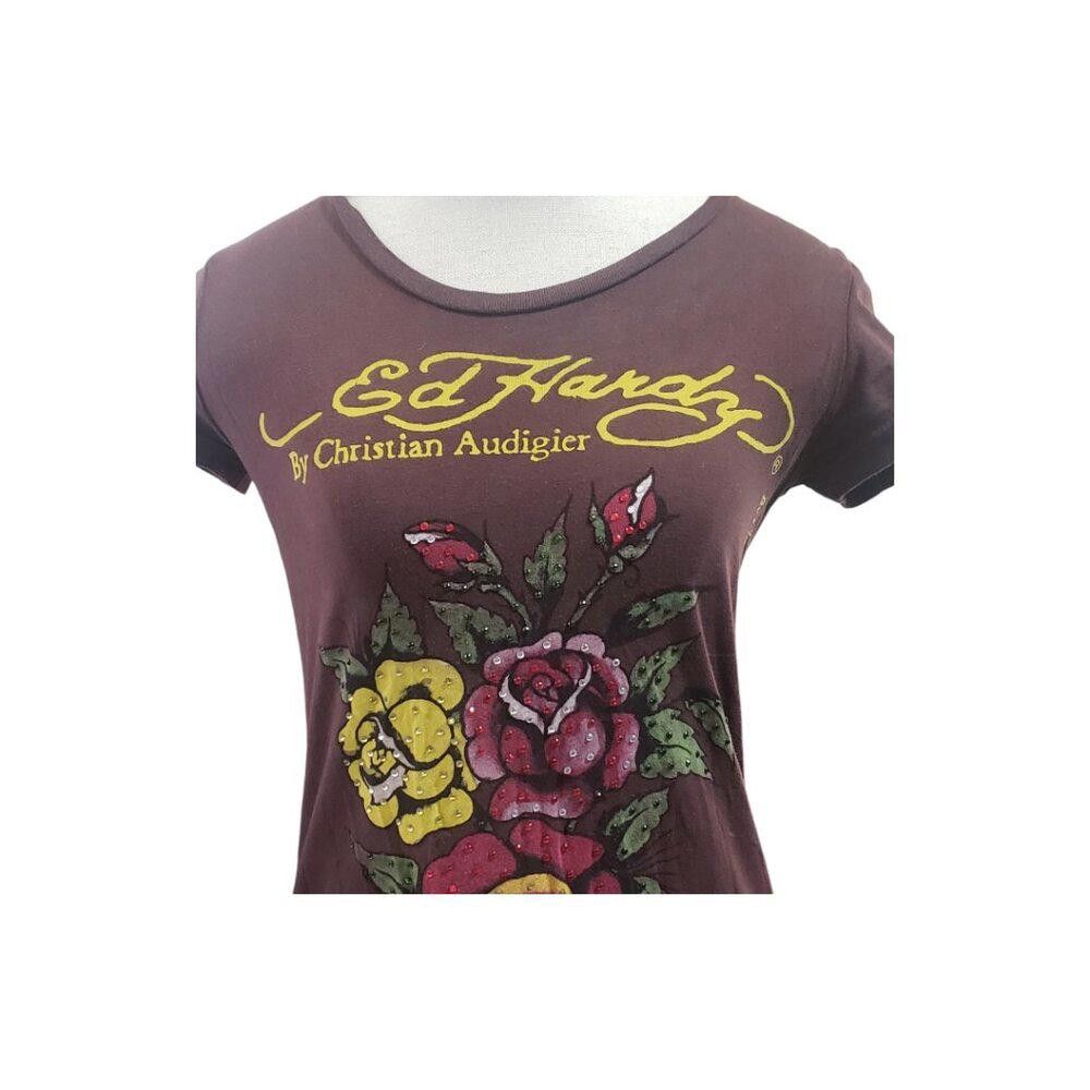 Designer CT1804 Ed Hardy Brown T=shirt with Studded Rose XS Size XS / US 0-2 / IT 36-38 - 2 Thumbnail