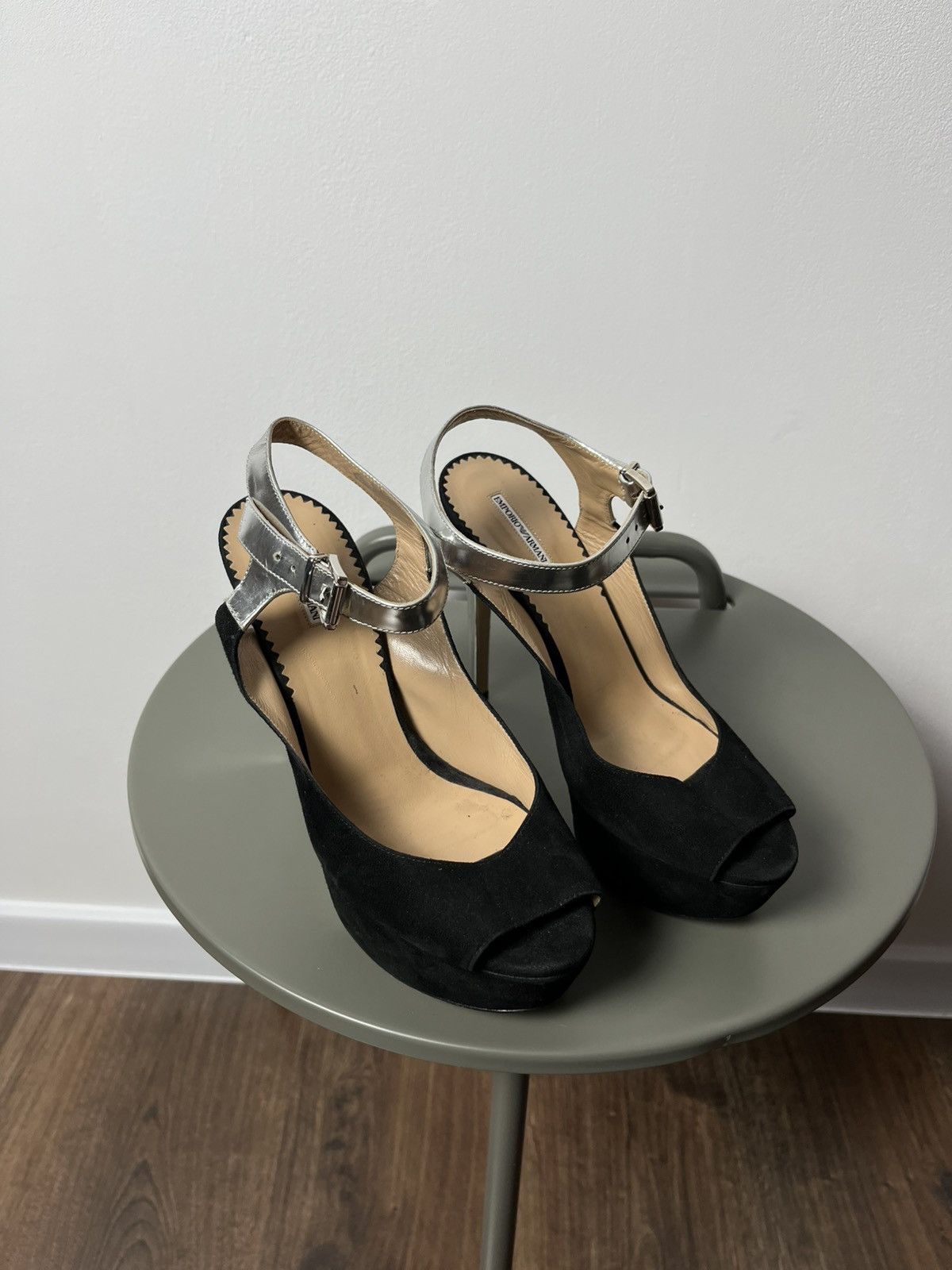 Emporio Armani Emporio Armani Black Suede Peep Toe Heels with Silver Straps Size US 6 / IT 36 - 1 Thumbnail