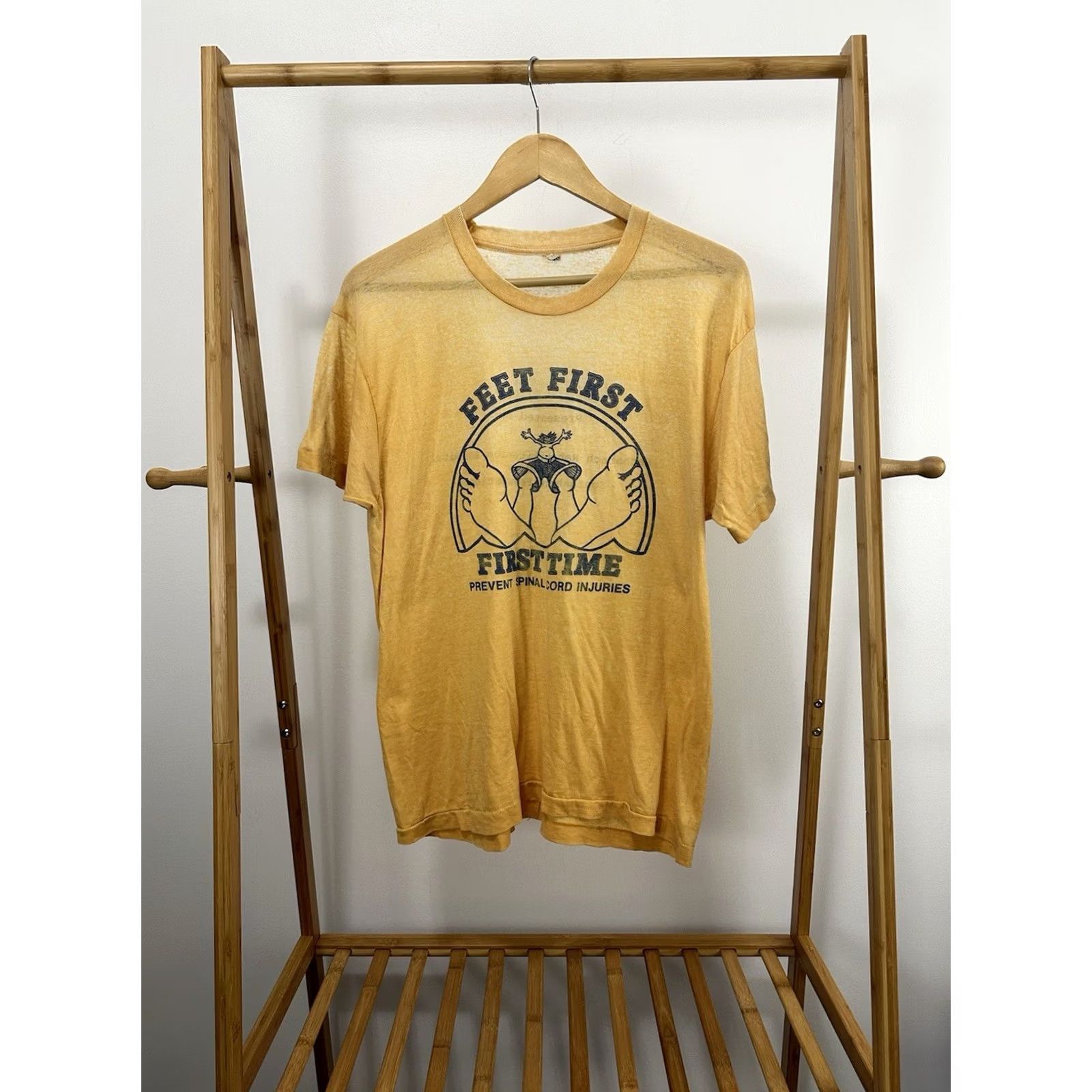 Vintage VTG 80s Feet First Prevent Spinal Cord Injuries Paper Thin Burnout T-Shirt XL Shirt Men Yellow Foot Fetishism Burnout 80s Mens XL Size US XL / EU 56 / 4 - 2 Thumbnail