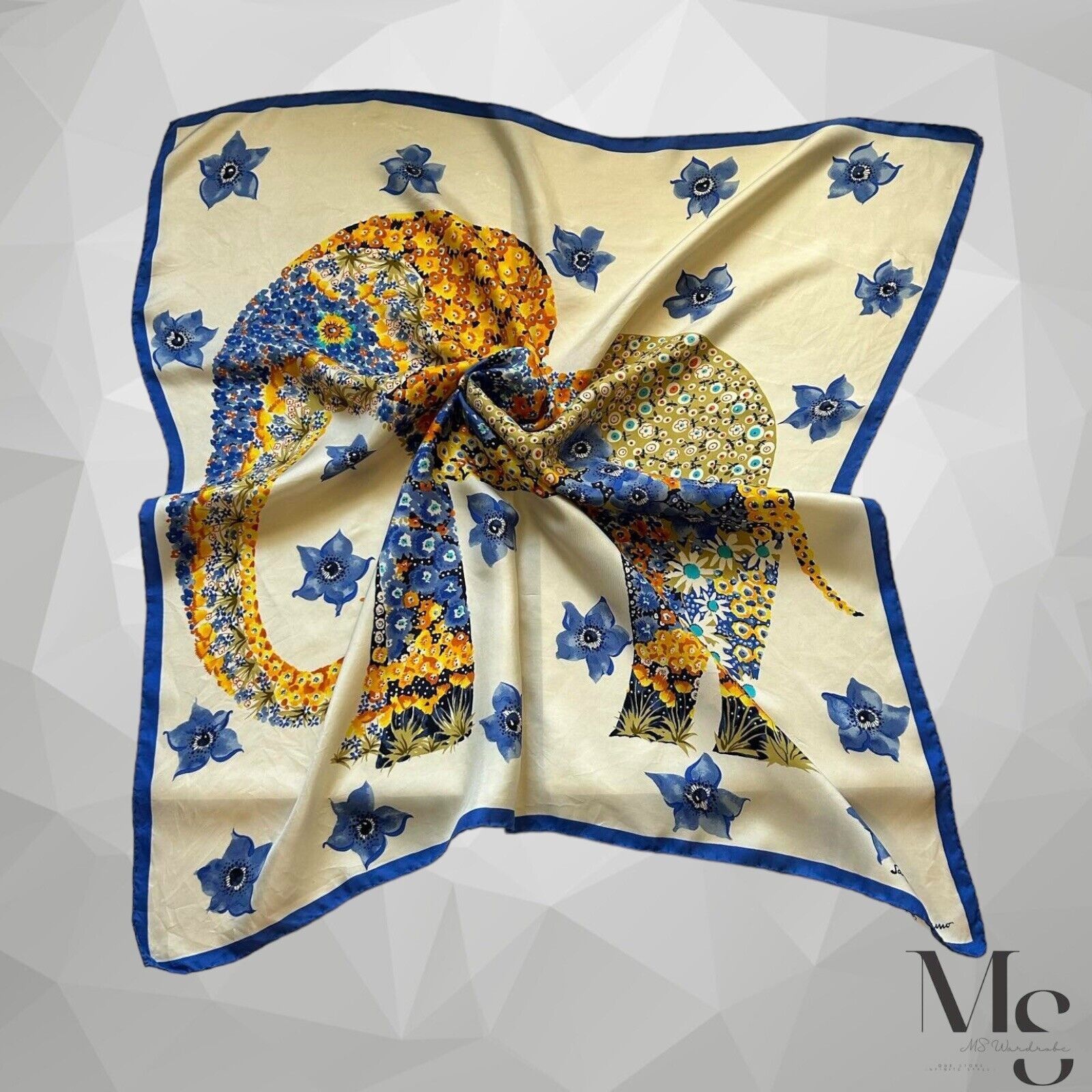 Salvatore Ferragamo SALVATORE FERRAGAMO Ivory Blue Floral Elephant Print Scarf S Size ONE SIZE - 2 Thumbnail