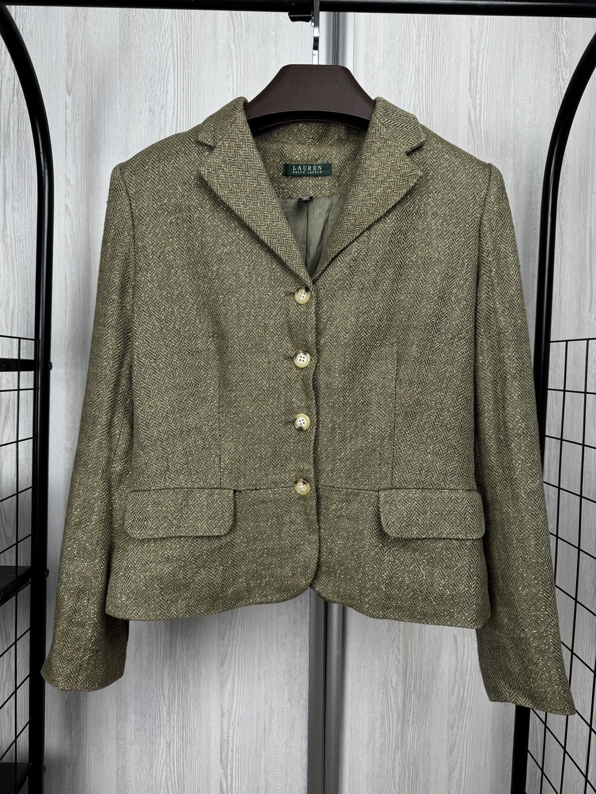 Lauren Ralph Lauren Ralph Lauren Green Gold Metallic Herringbone Blazer Linen Size M / US 6-8 / IT 42-44 - 2 Thumbnail