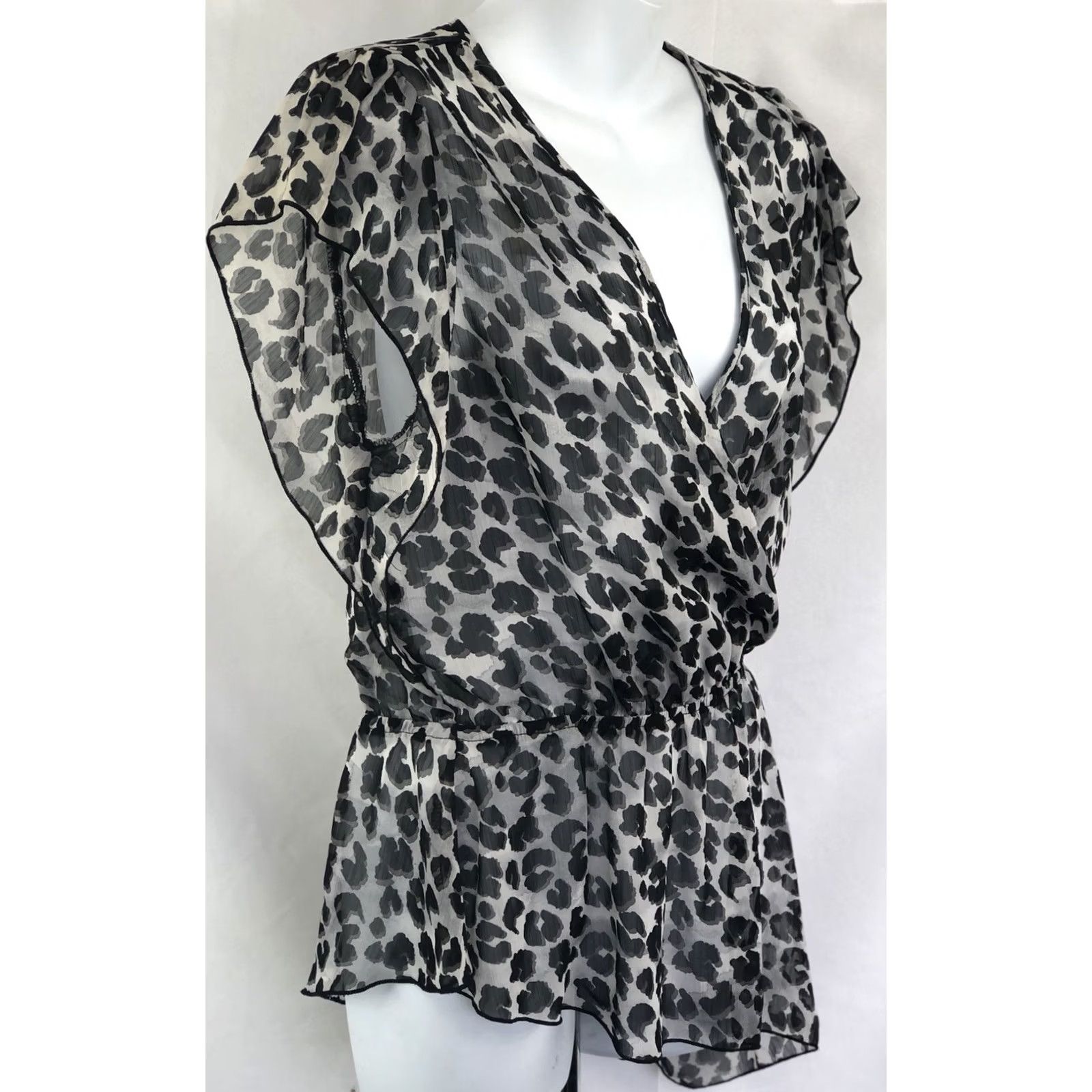 Vintage VINTAGE Later Sheer Blouse L Black and Gray Leopard V-Neck Chiffon Cross Over Asymmetrical Hi Lo 90s Y2K Fairy Glam Women Branded Size L / US 10 / IT 46 - 2 Thumbnail