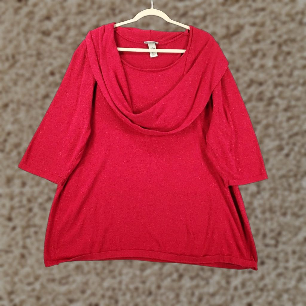 Vintage Catherines Sweater Shirt Womens 2X Dark Pink Cowl Draped Neck Tunic 3/4 Sleeve Knit Lightweight Stretch Size XXL / US 16-18 / IT 52-54 - 1 Thumbnail