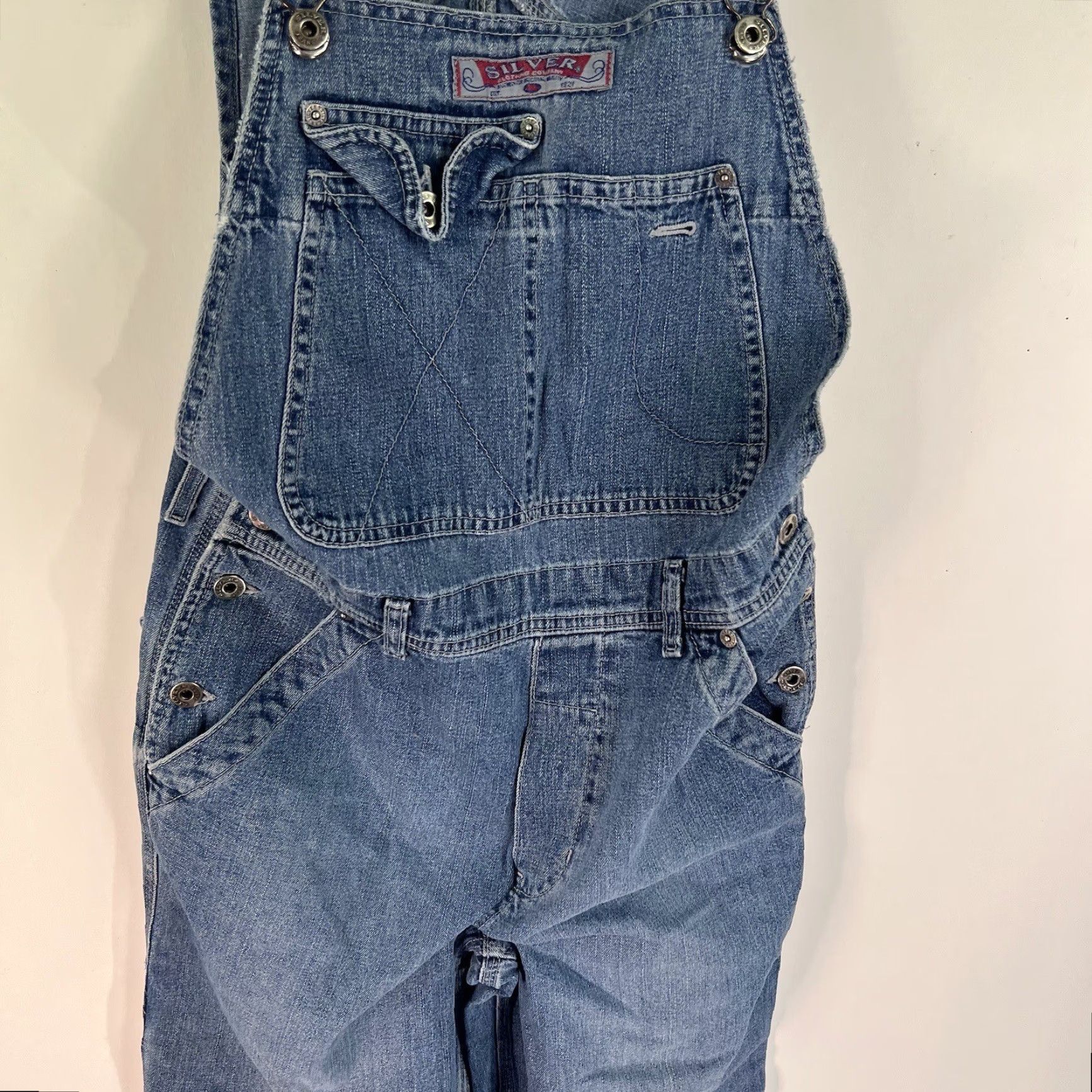 Silver Jeans Co. Vintage Silver Jeans Blue Flared Denim Bibs Womens Size 32 Distressed Relaxed Fit Size 24" / US 00 / IT 34 - 3 Thumbnail